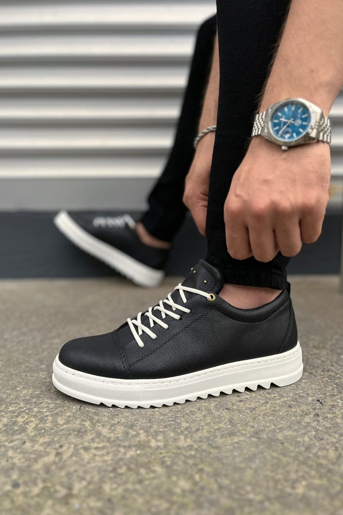 Siyah Beyaz Cool Bağcıklı Cilt Erkek Günlük Spor Klasik Ayakkabı