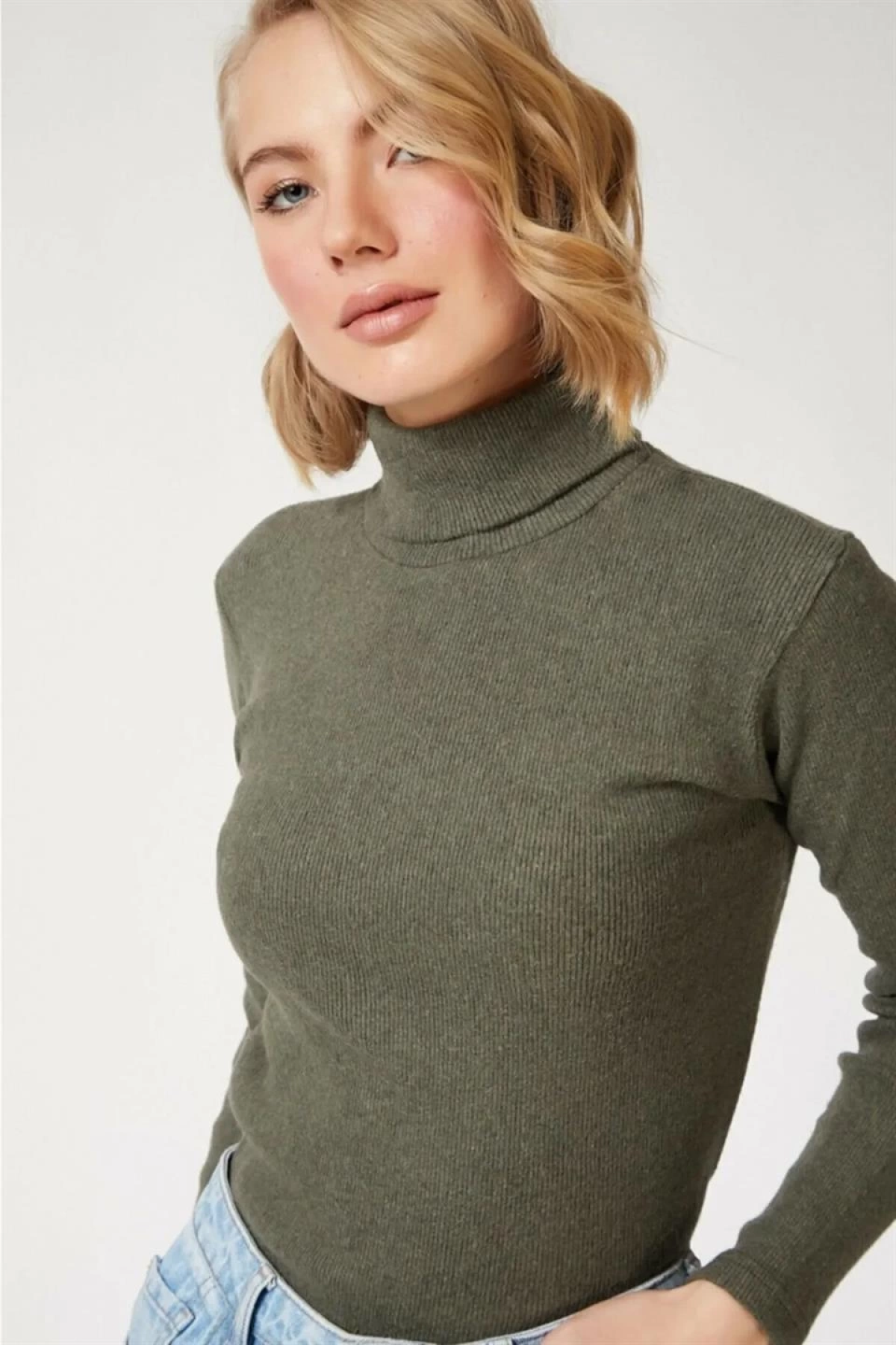 Velmora    Kaşkorse Boğazlı Full Likralı Fitilli Body Kazak - Haki -