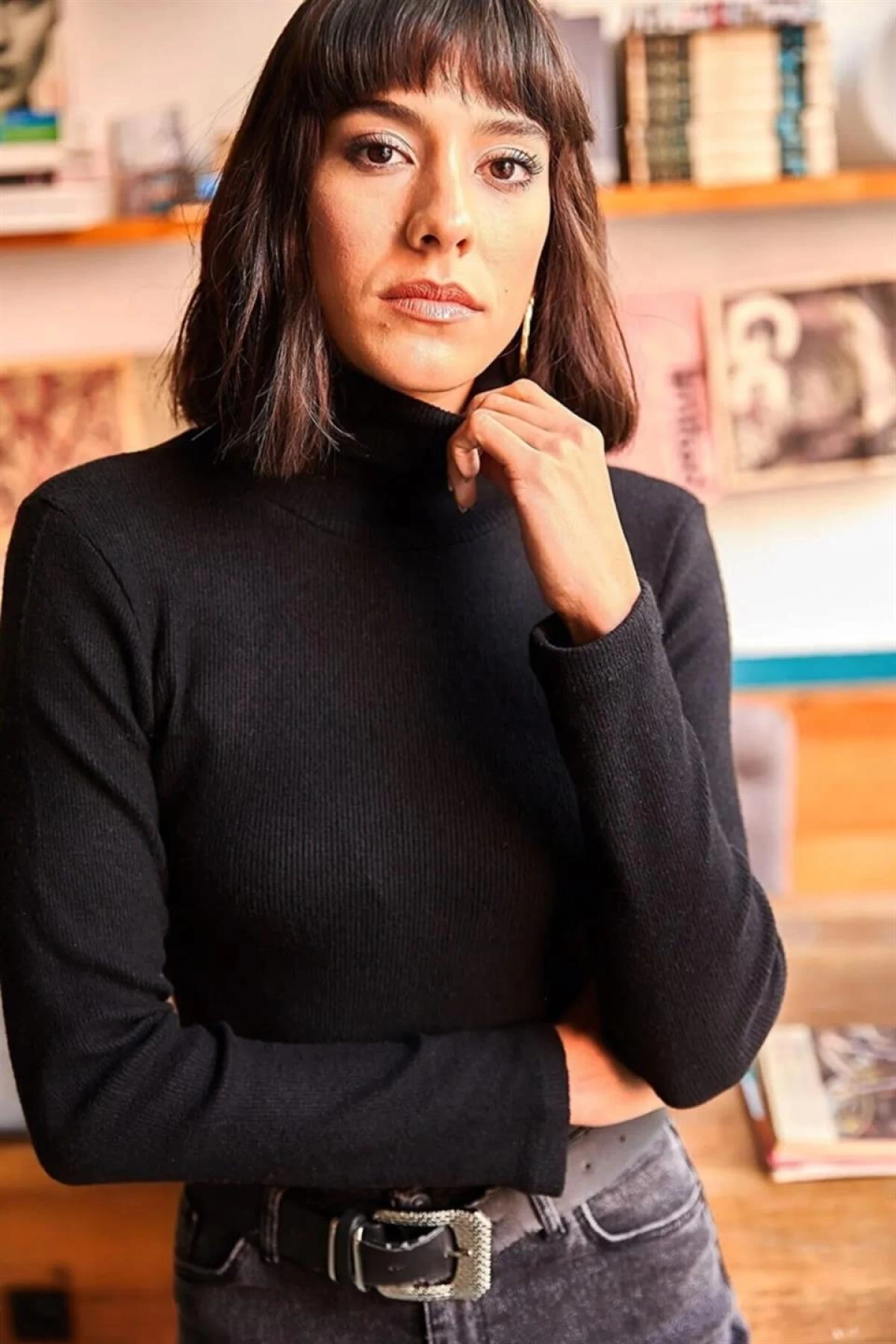 Velmora Kaşkorse Boğazlı Full Likralı Fitilli Body Kazak - Siyah