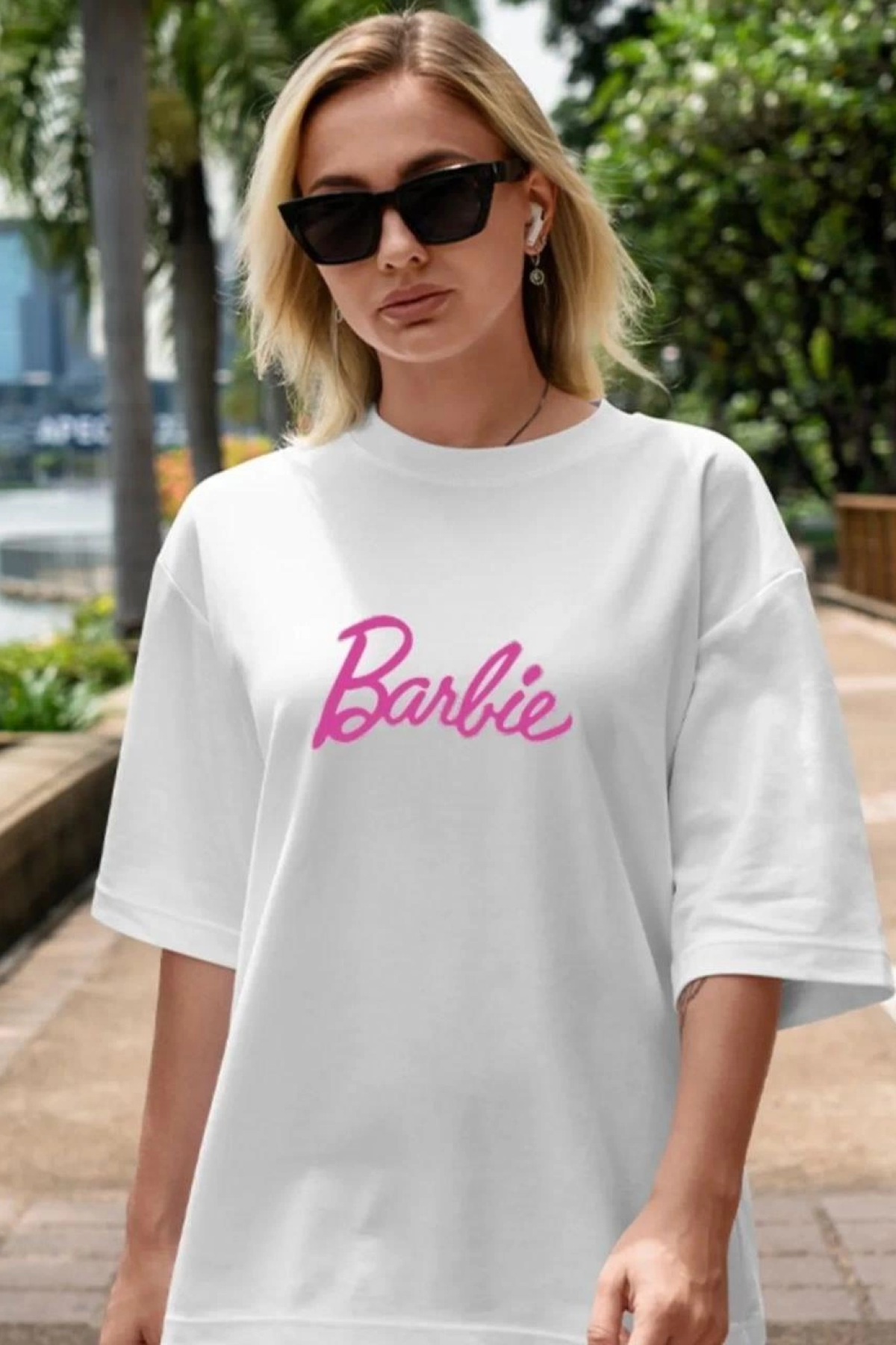 Baskılı Oversize  Kadın T-shirt - Beyaz -