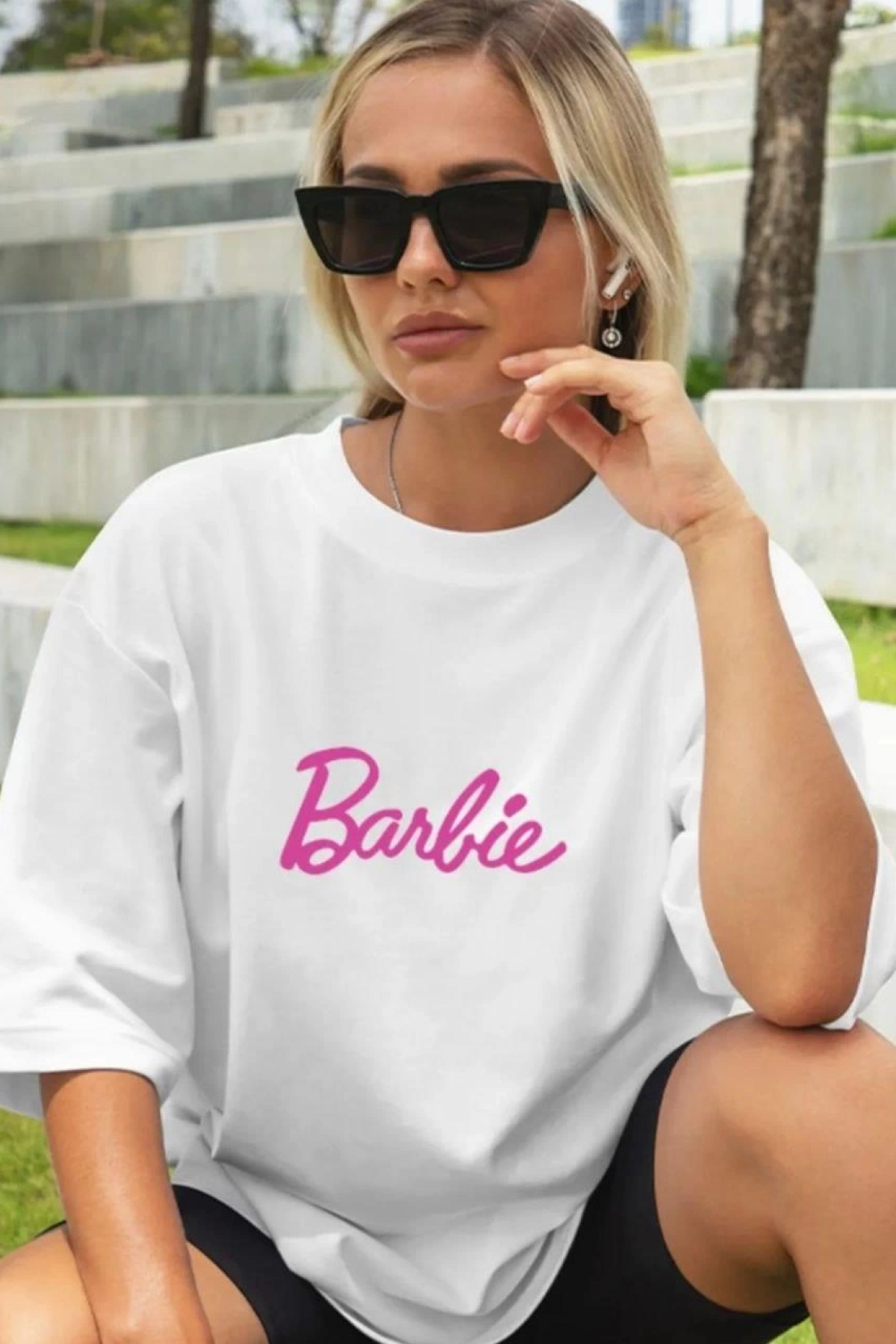 Baskılı Oversize  Kadın T-shirt - Beyaz -