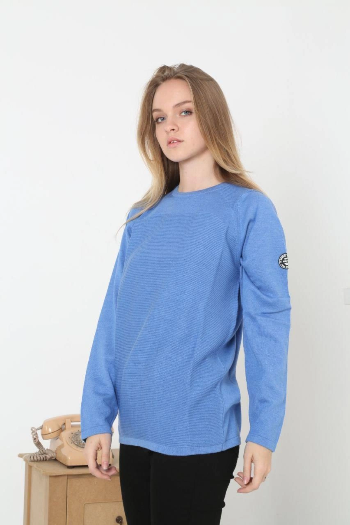 Mivvo Mavi Premium Bisiklet Yaka Kolu Armalı Kazak