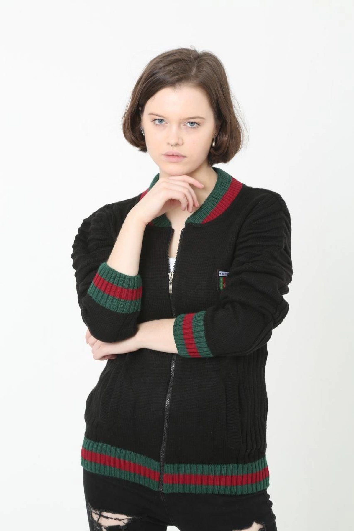 Velmora    Tam Fermuarlı Triko Hırka - Siyah -