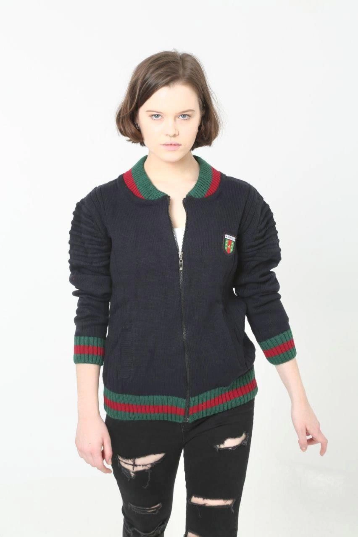 Velmora    Tam Fermuarlı Triko Hırka - Lacivert -