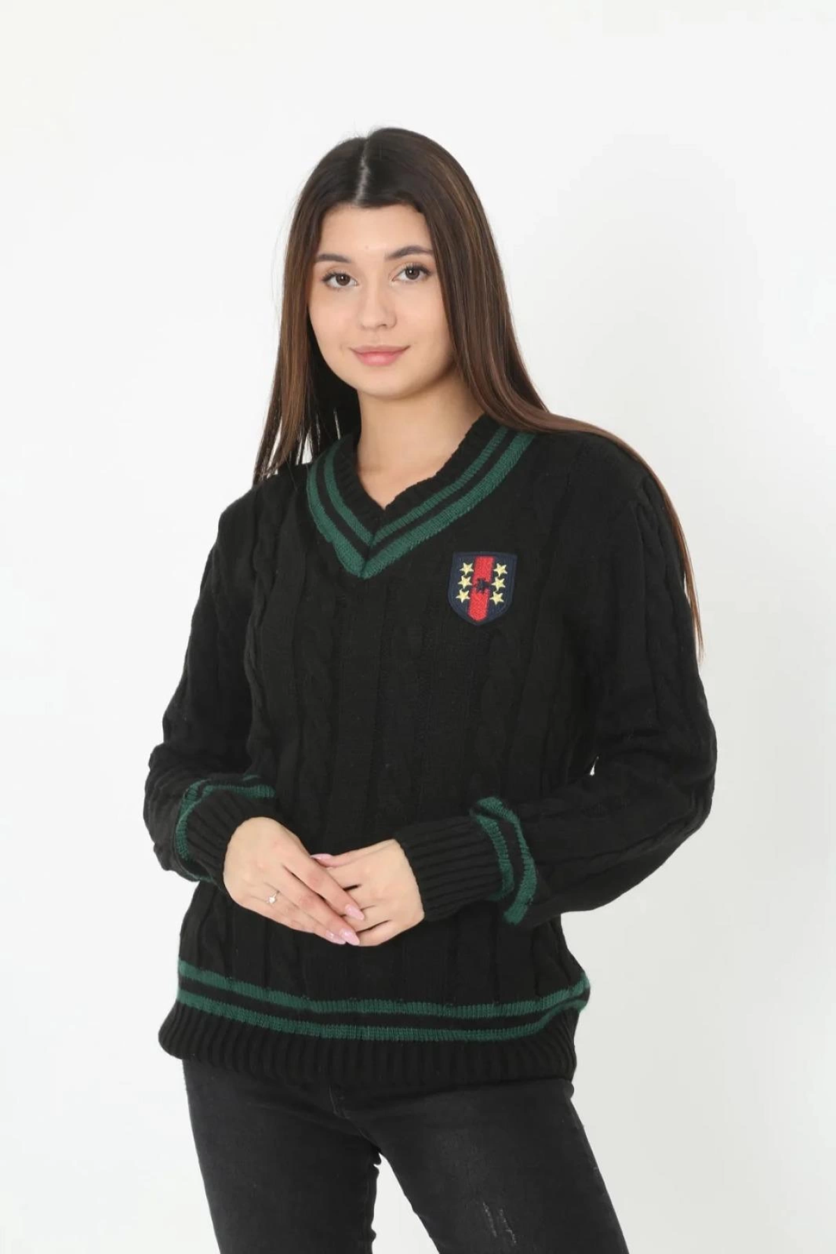 Velmora    V Yaka Örgülü Kazak - Siyah -