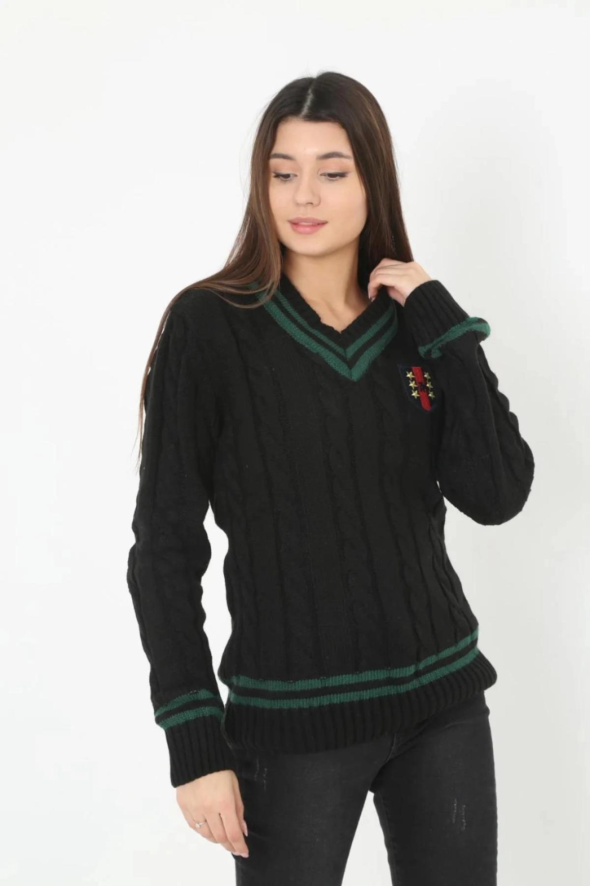 Velmora    V Yaka Örgülü Kazak - Siyah -