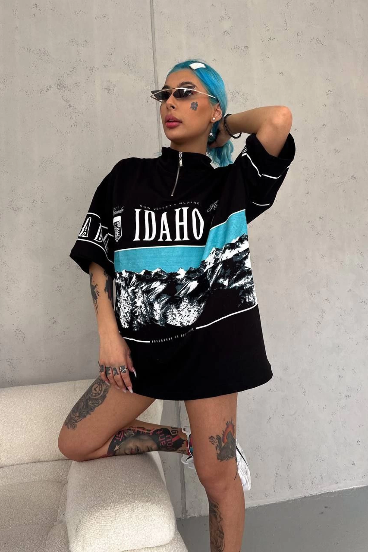 Baskılı Yarım Fermuarlı T-Shirt - Siyah -