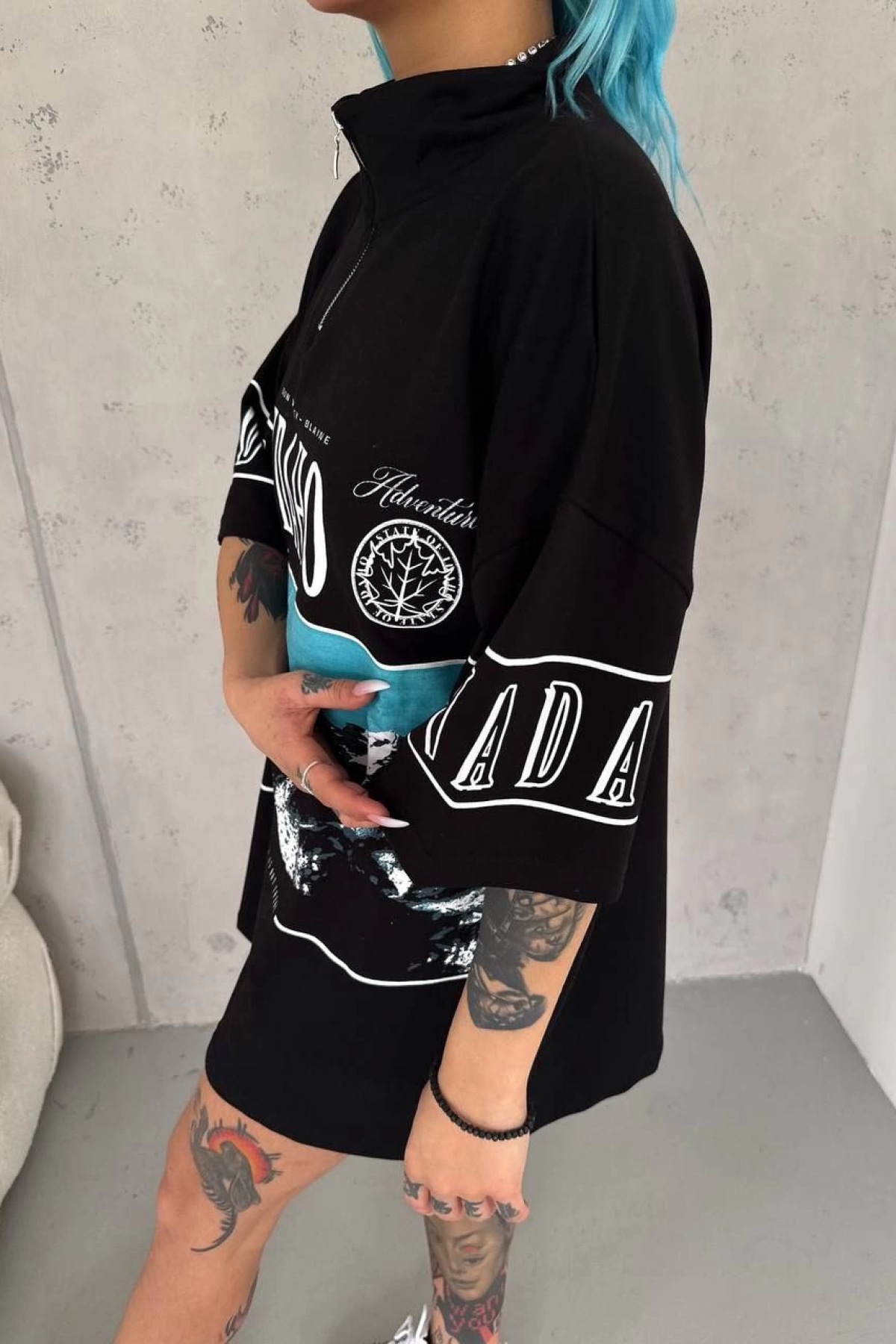 Baskılı Yarım Fermuarlı T-Shirt - Siyah -