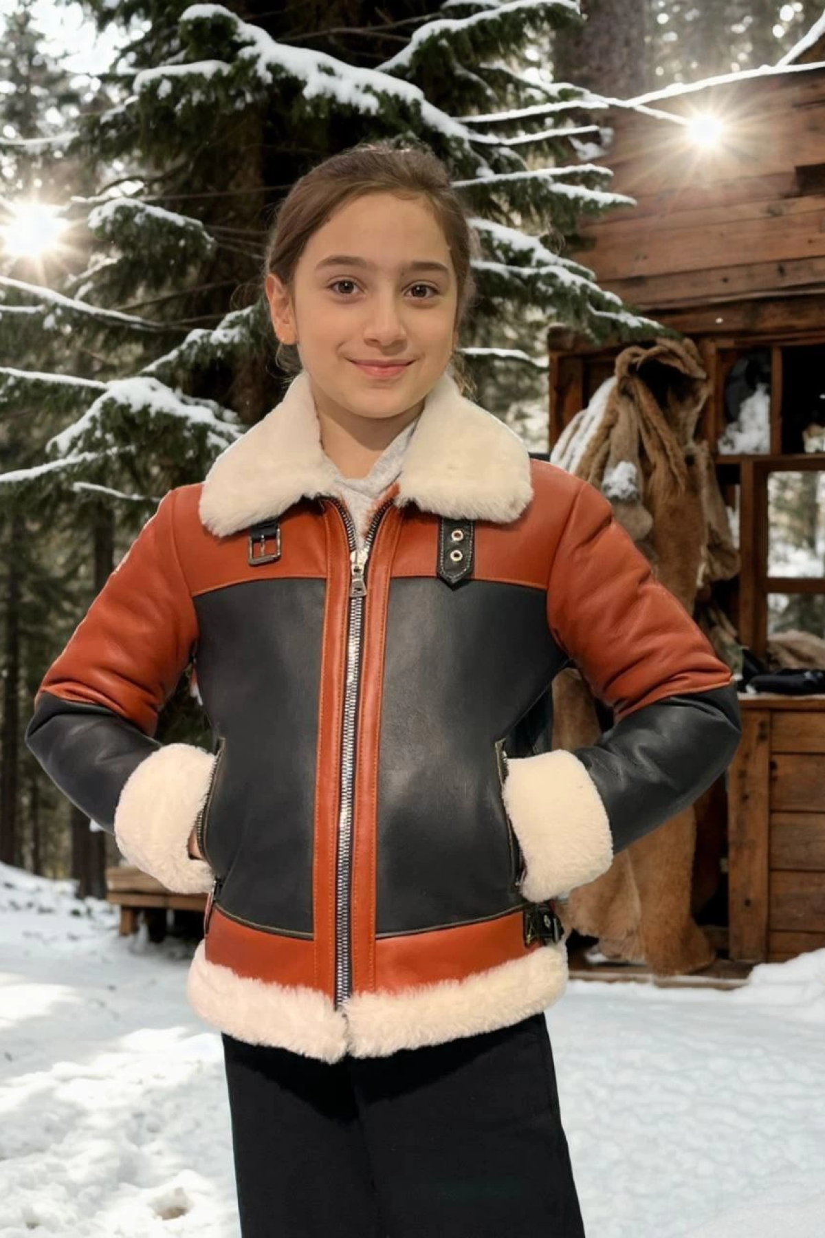 Çocuk Yakalı Parçalı Kürk - Kiremit