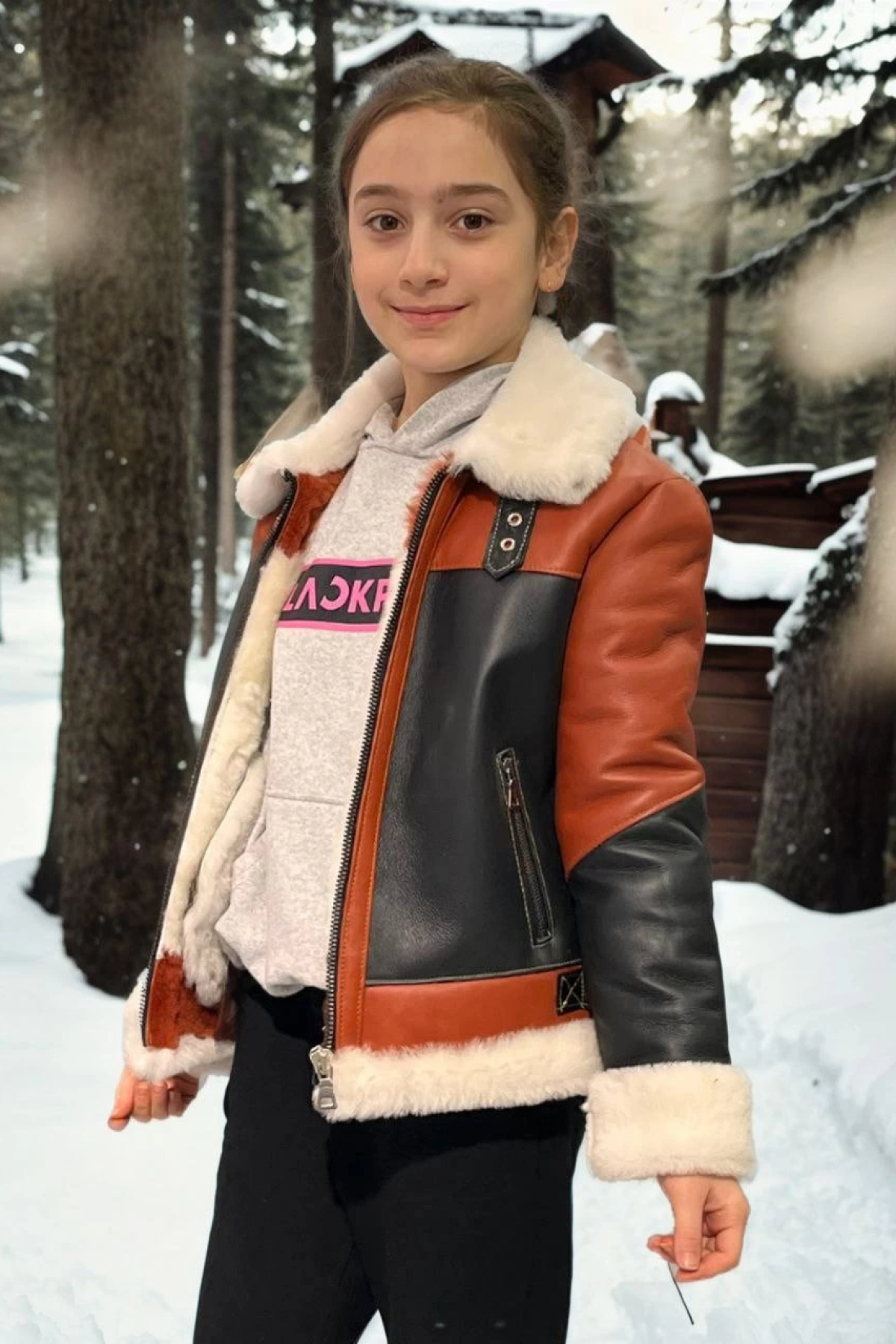 Çocuk Yakalı Parçalı Kürk - Kiremit