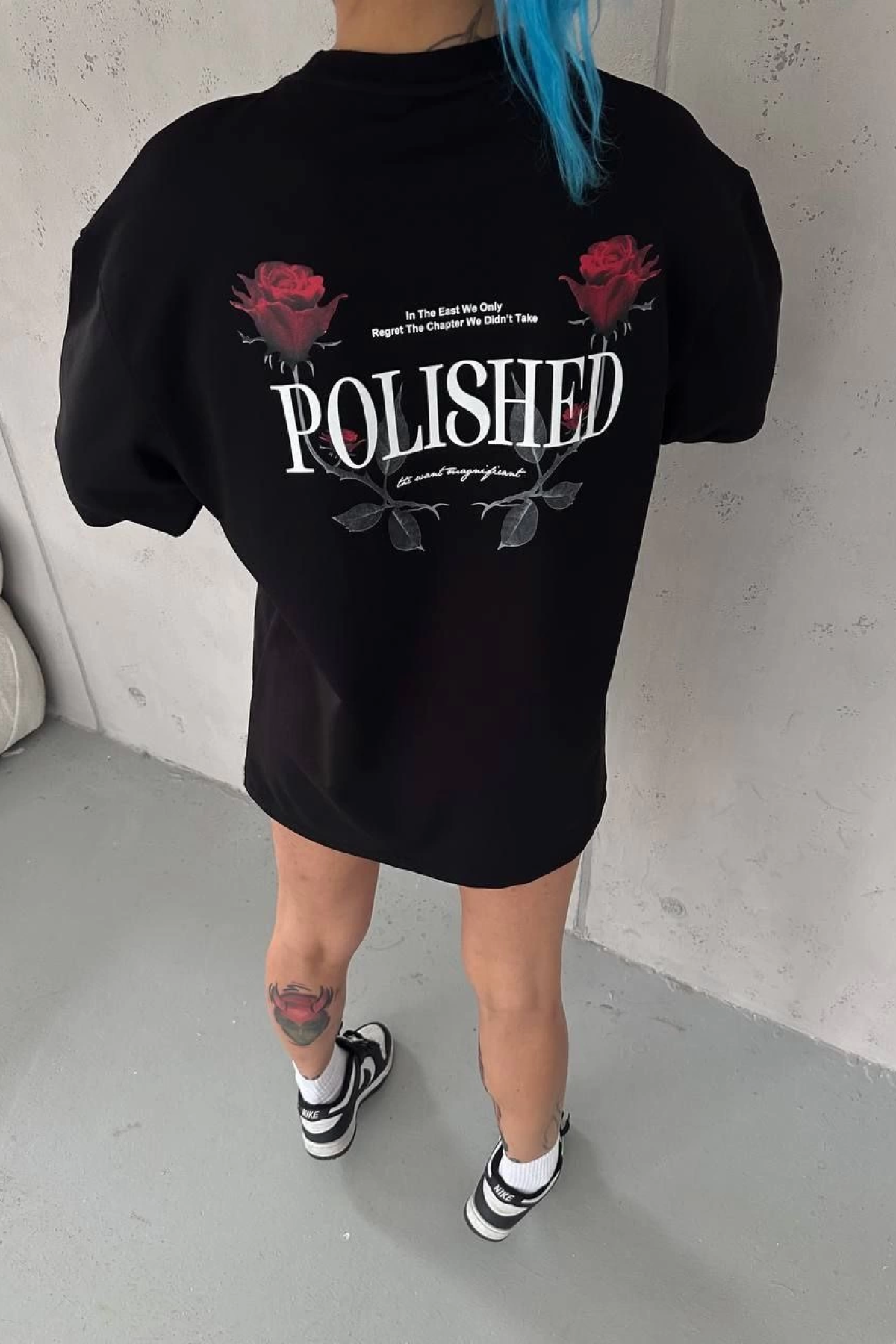 Kadın Bisiklet Yaka Baskılı kısa kol Oversize T-Shirt - Siyah