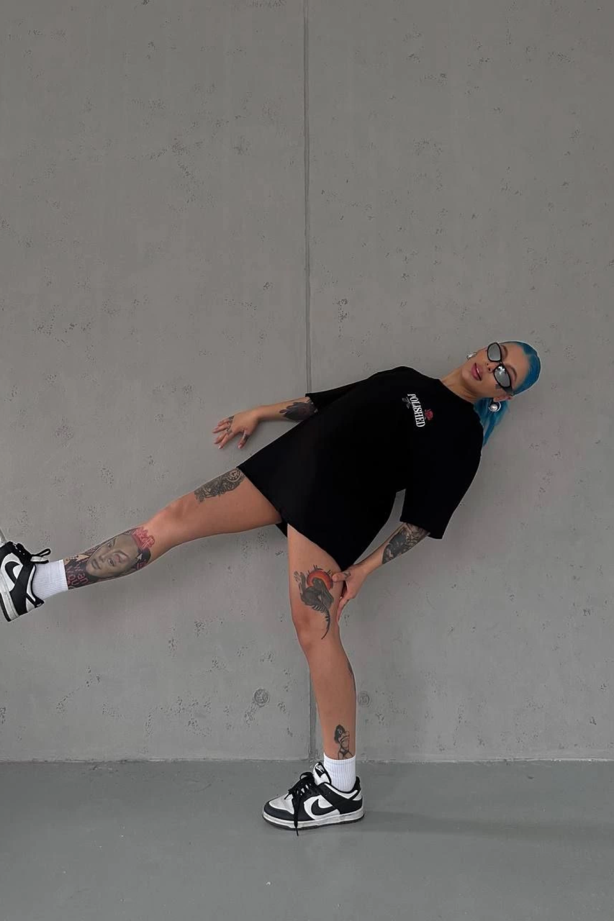 Kadın Bisiklet Yaka Baskılı kısa kol Oversize T-Shirt - Siyah