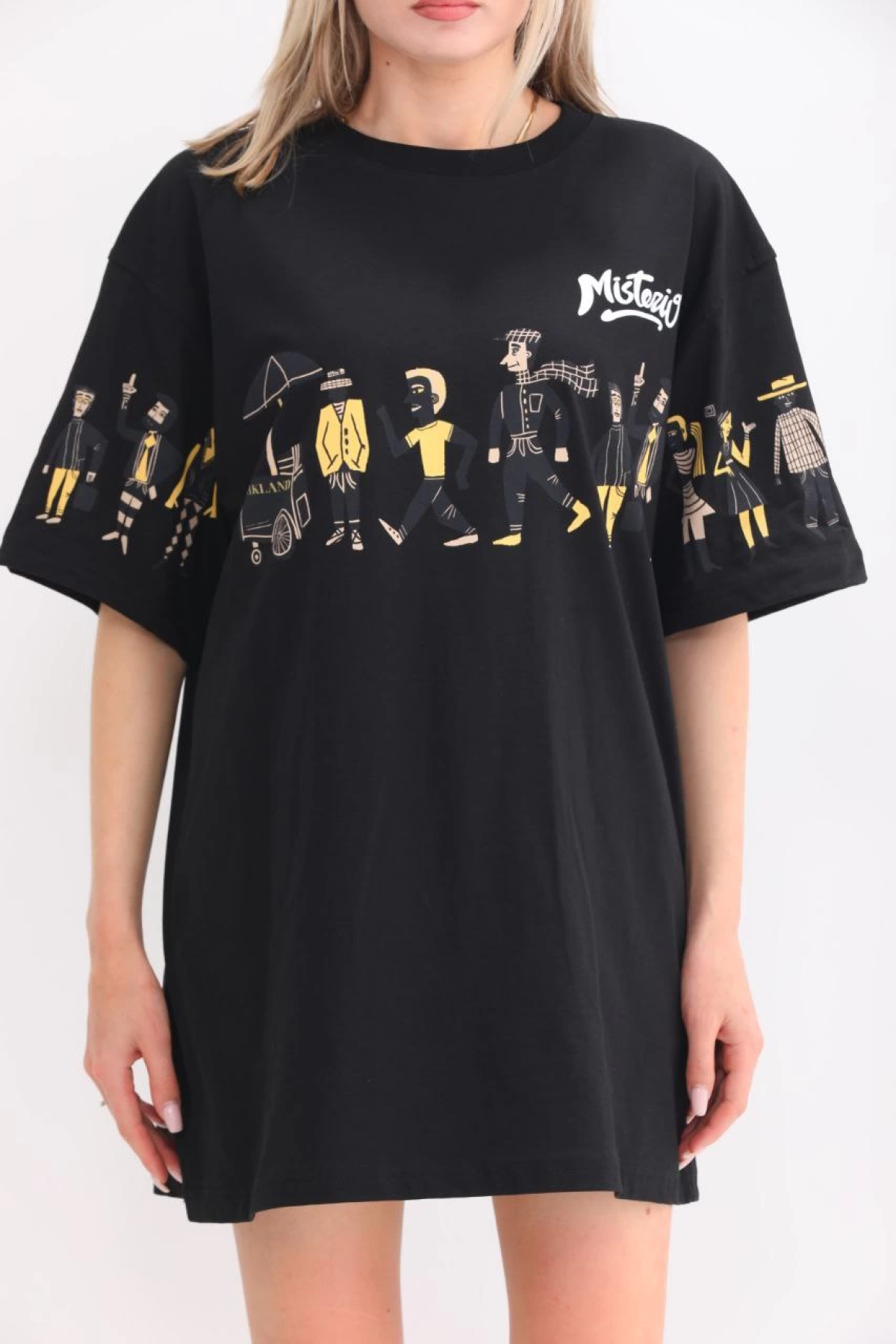 Bisiklet Yaka Baskılı Oversize T-Shirt - Siyah -