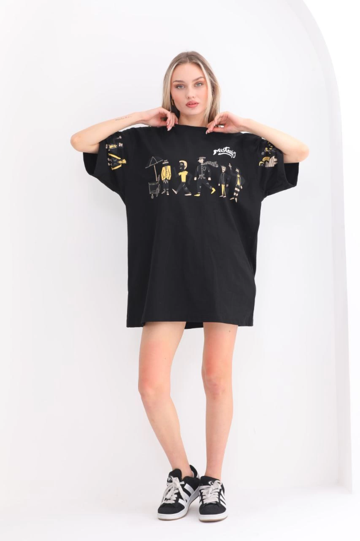 Bisiklet Yaka Baskılı Oversize T-Shirt - Siyah -