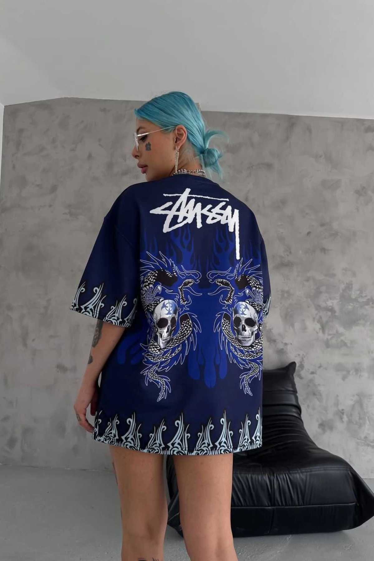 Bisiklet Yaka Baskılı Oversize T-Shirt - Lacivert -