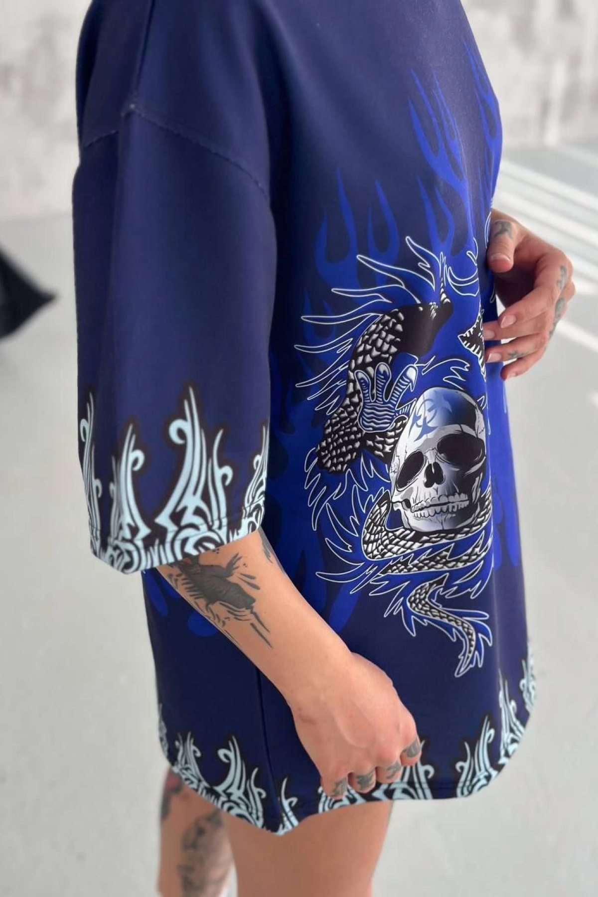 Bisiklet Yaka Baskılı Oversize T-Shirt - Lacivert -