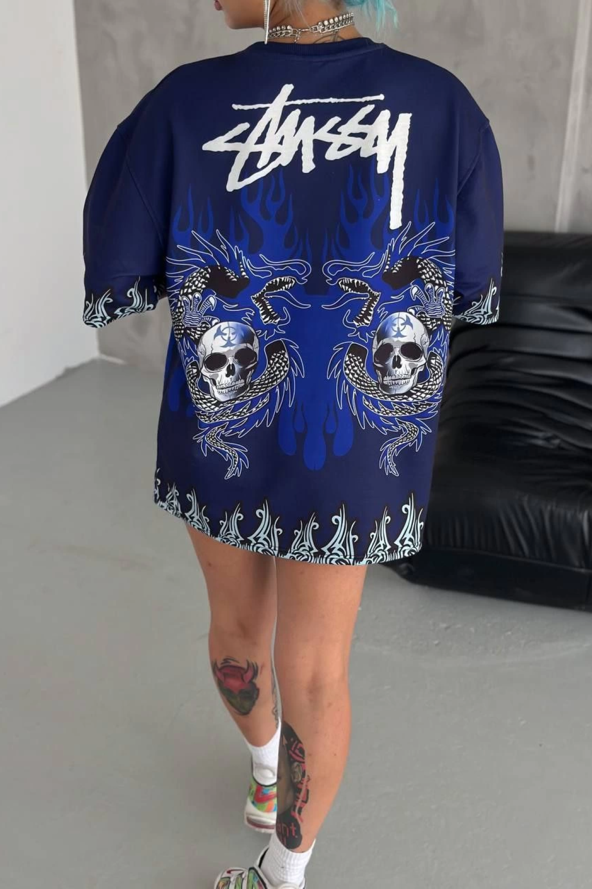 Bisiklet Yaka Baskılı Oversize T-Shirt - Lacivert -