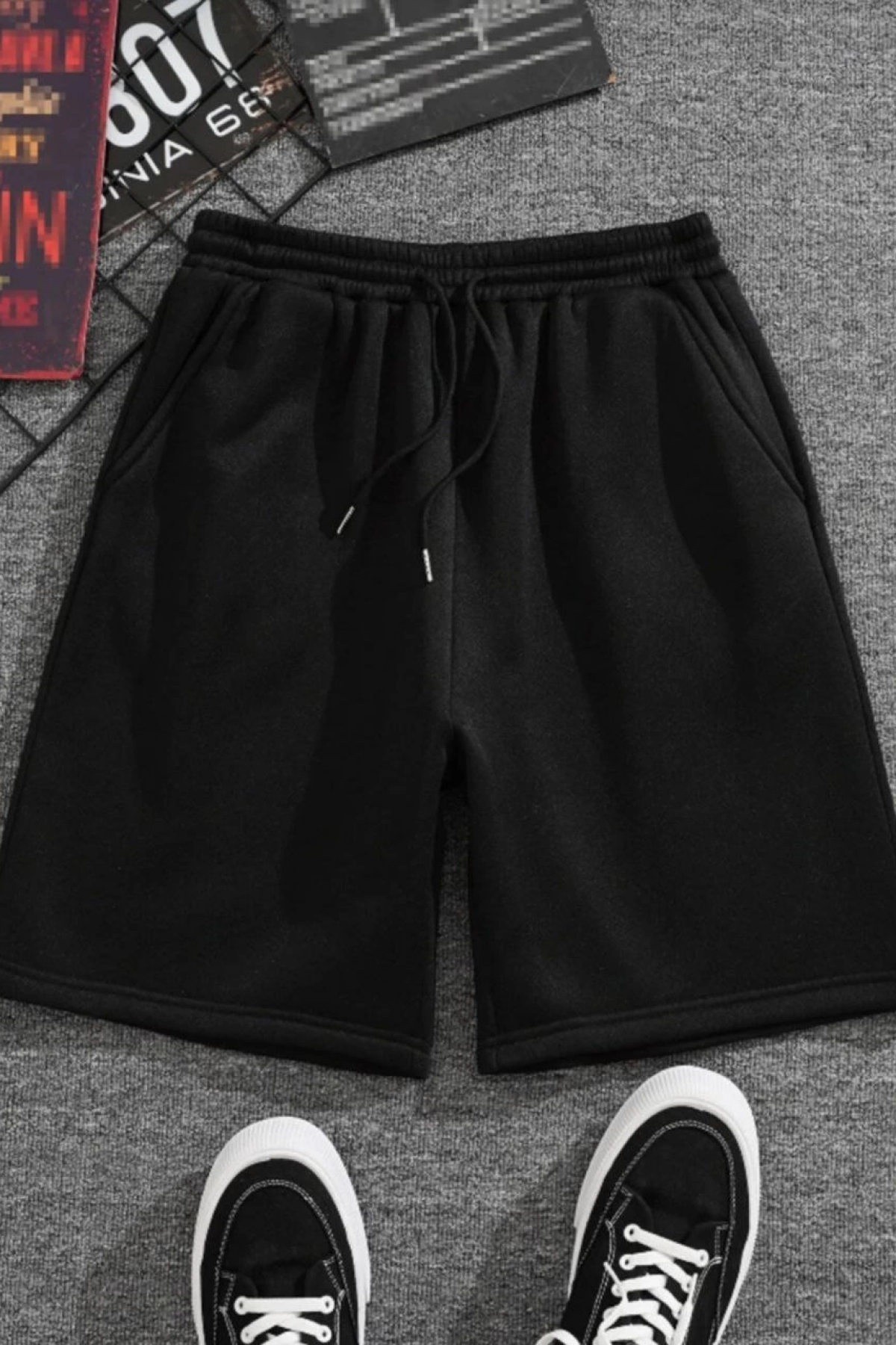 İki İplik Düz Oversize Şort - Siyah