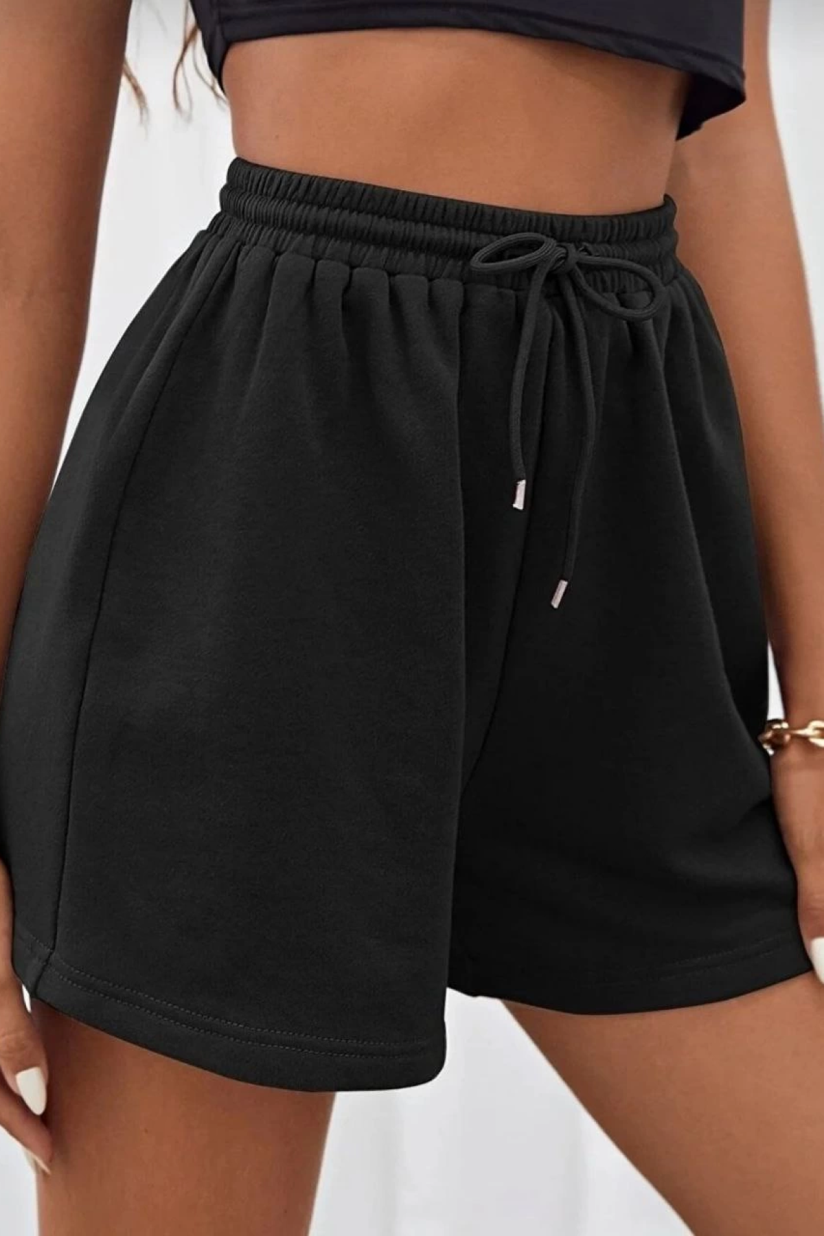İki İplik Düz Oversize Şort - Siyah