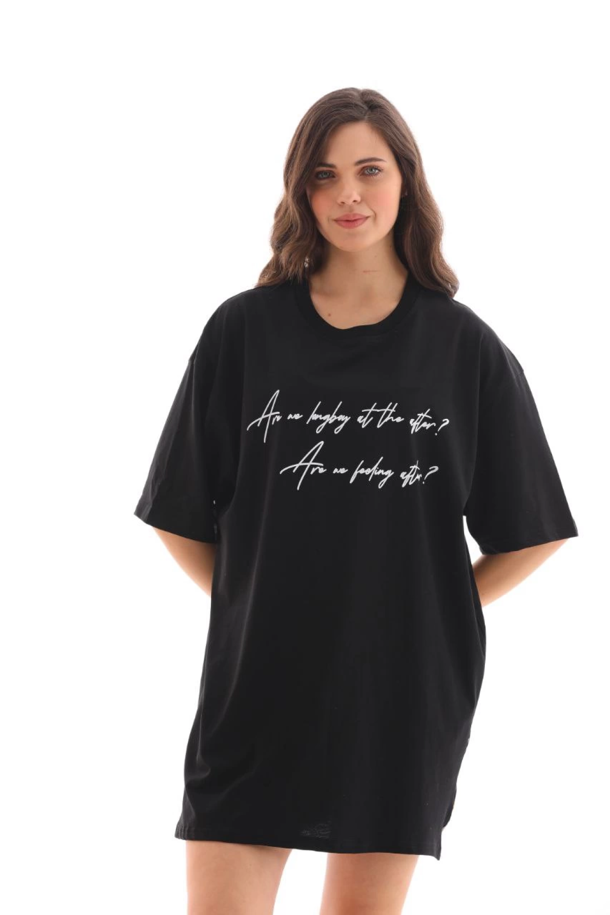 Velmora Premium Bisiklet Yaka Baskılı Oversize T-Shirt - Siyah