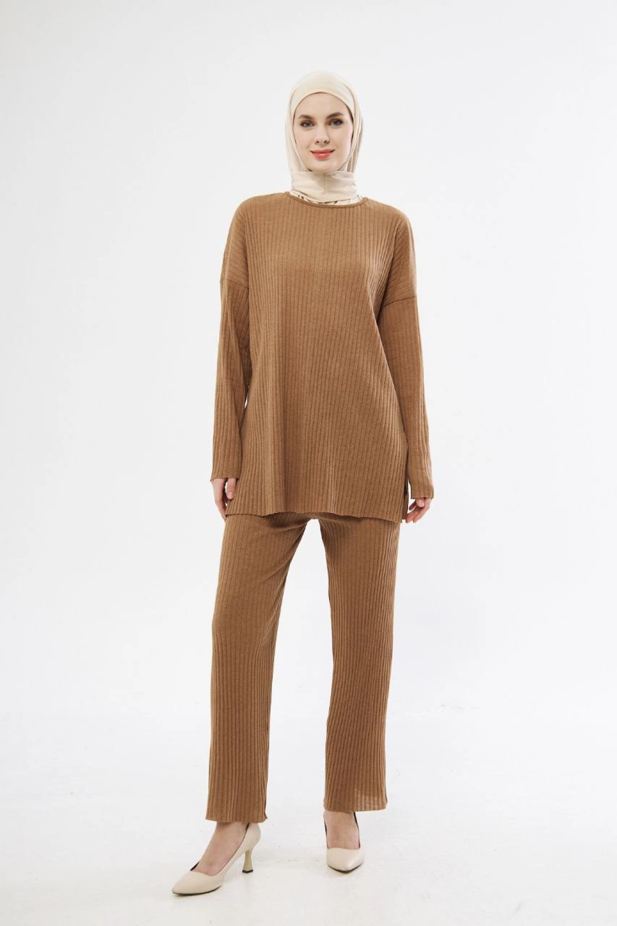 Uzun Kollu Organik Yıkanmış Kumaş Fitilli Pantolonlu Takım - Kahve