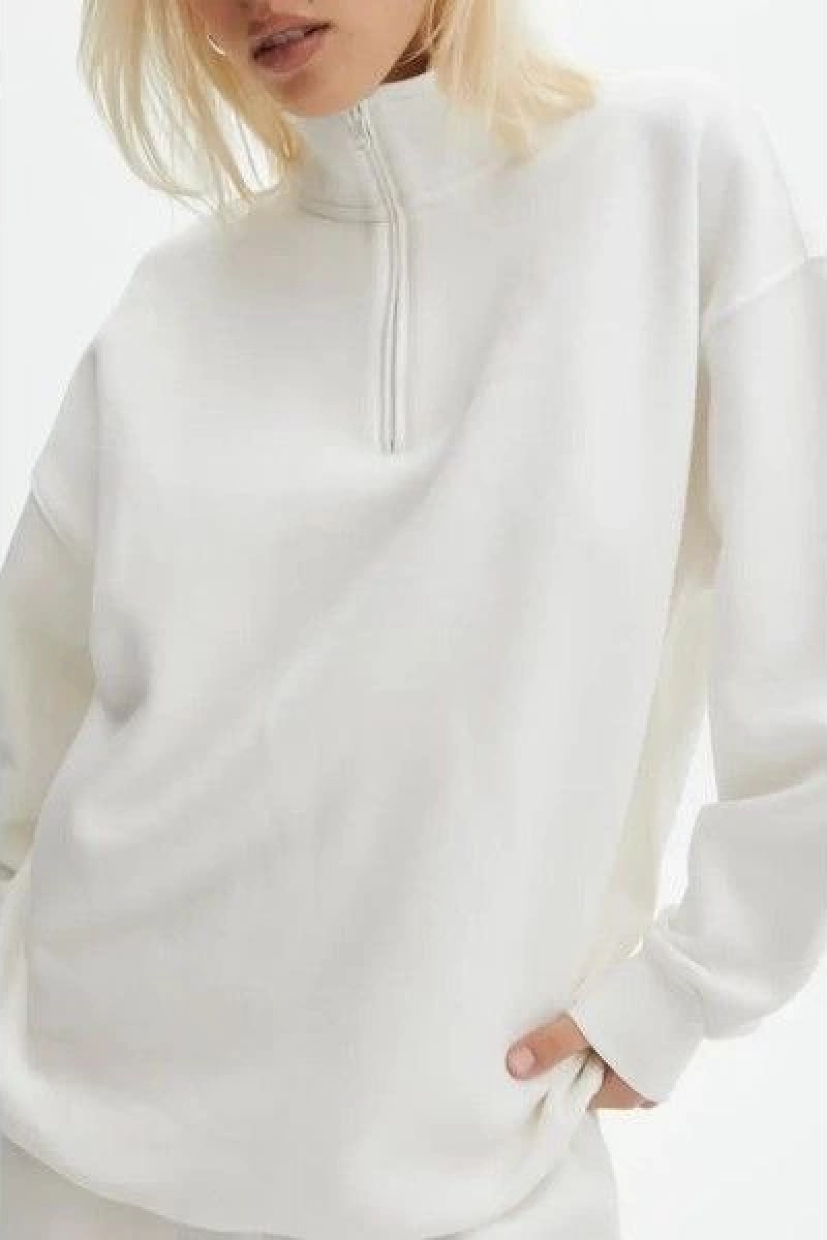 Velmora Premium Uzun Kol Yarım Farmuarlı Yakalı Basic SweatShirt - Beyaz