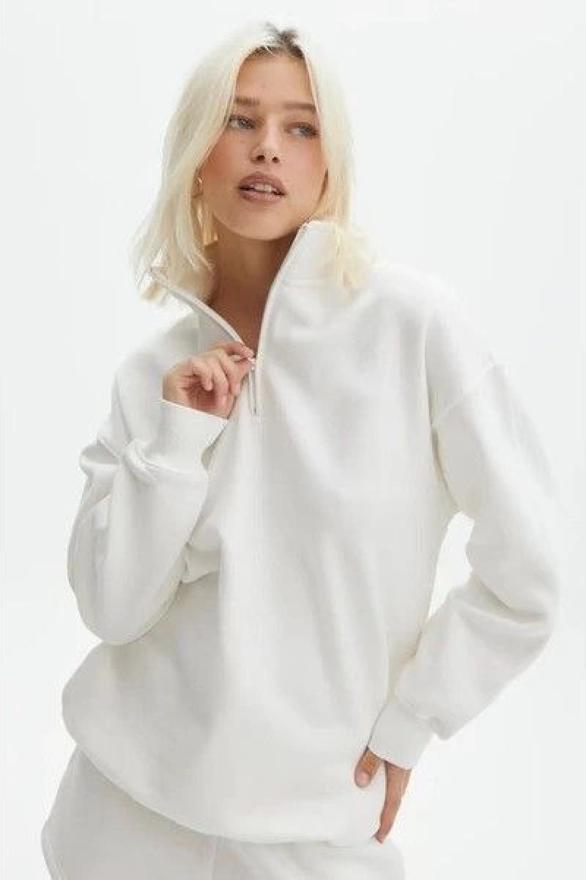 Velmora Premium Uzun Kol Yarım Farmuarlı Yakalı Basic SweatShirt - Beyaz