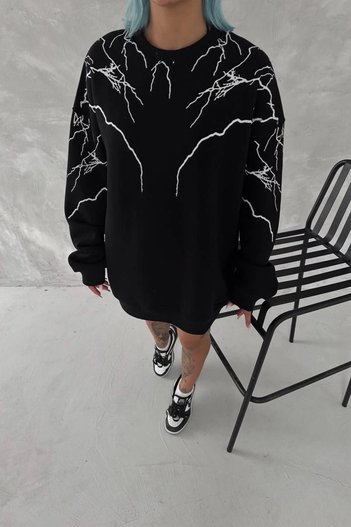 Yıldırım Baskılı Bisiklet Yaka SweatShirt - Siyah