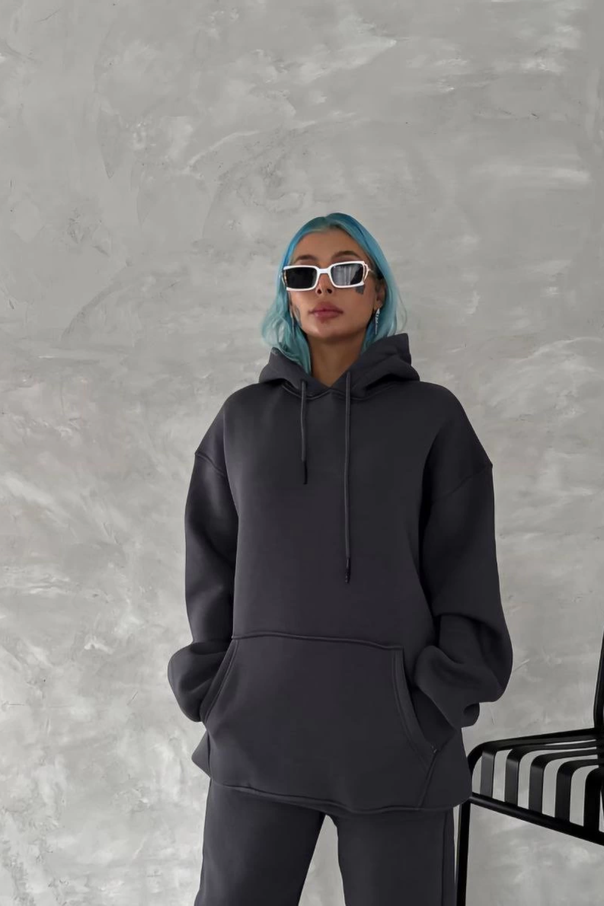 Kapüşonlu Üç İplik Penye Basic SweatShirt - Füme -