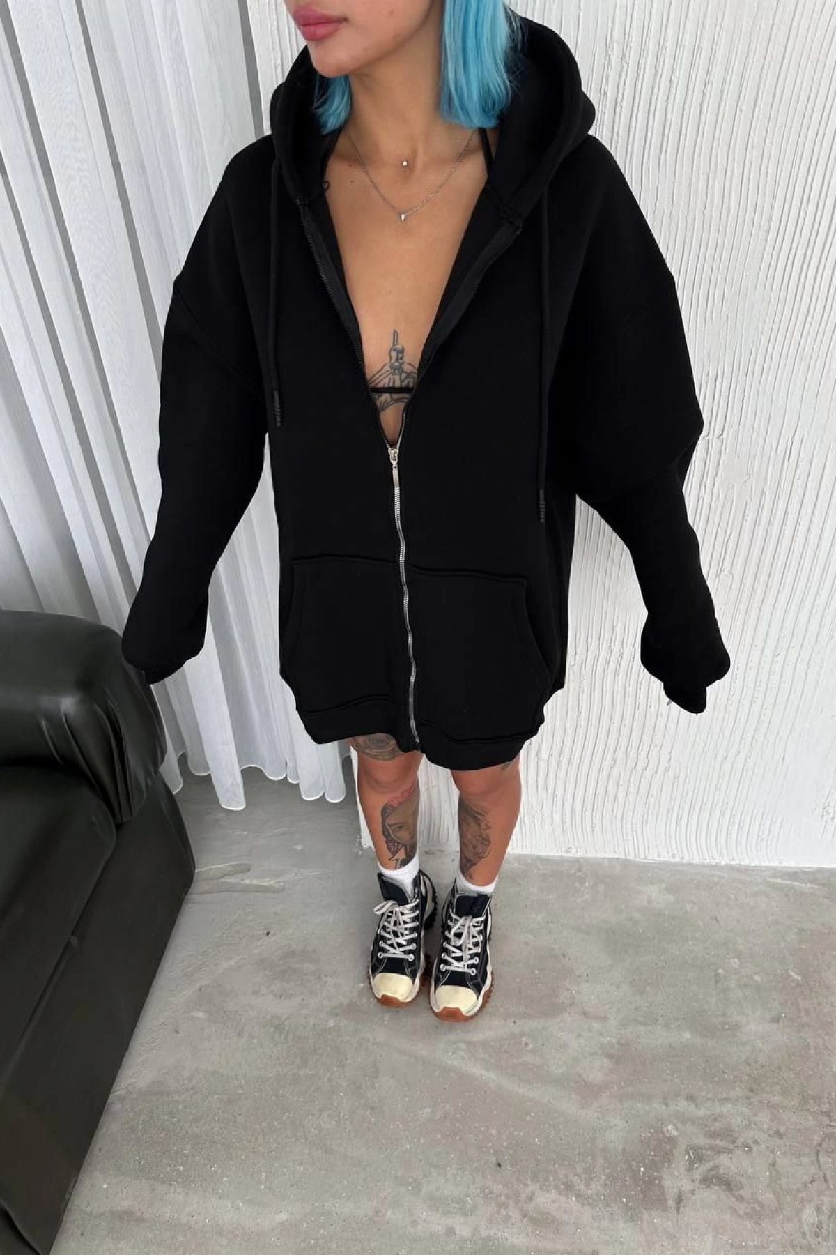 Velmora  Oversize Tam Fermuarlı Uzun Kol Hırka - Siyah -