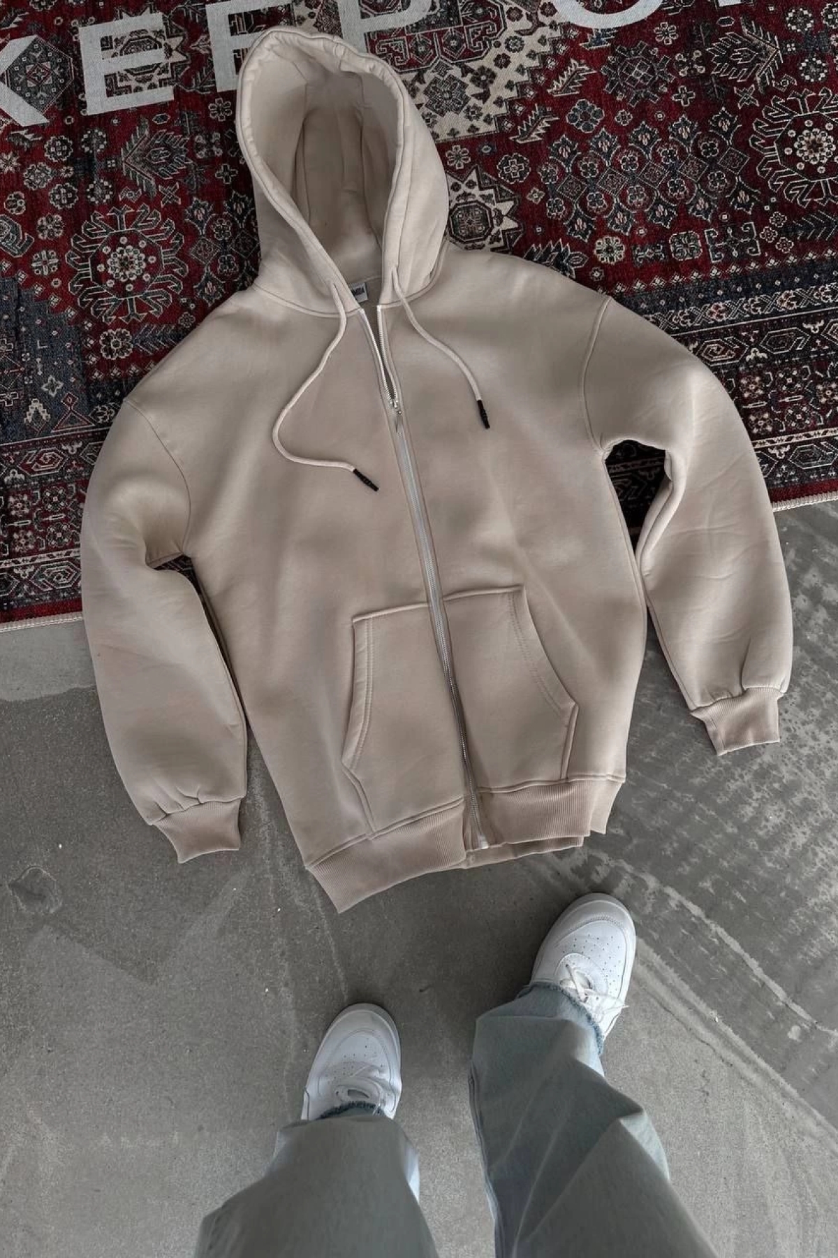 Velmora  Oversize Tam Fermuarlı Uzun Kol Hırka - Bej -