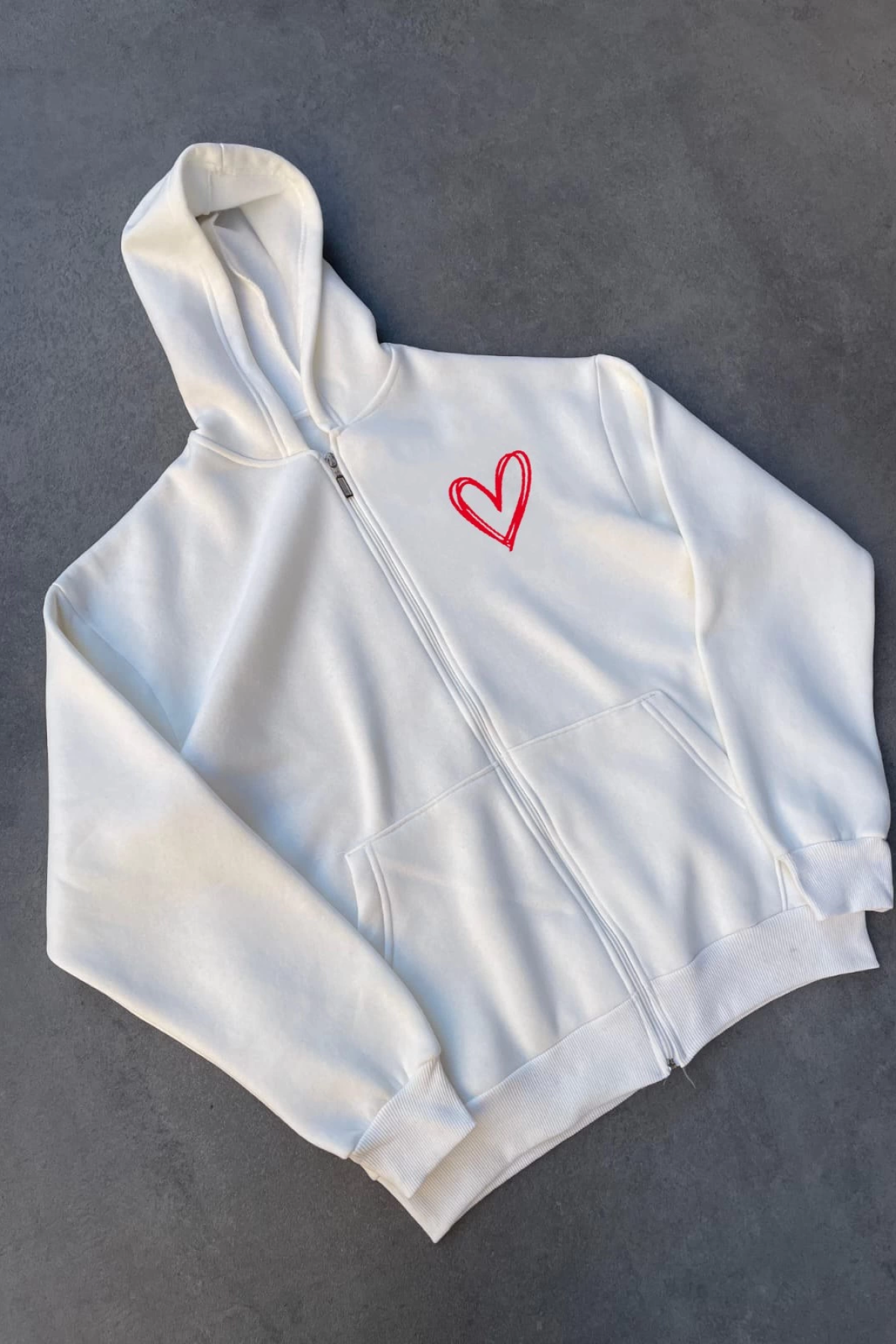 Üç İplik Baskılı Fermuarlı Kapüşonlu Hırka - Beyaz