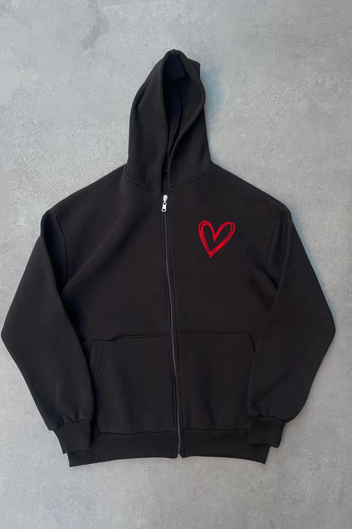 Velmora  Üç İplik Baskılı Fermuarlı Kapüşonlu Hırka - Siyah -