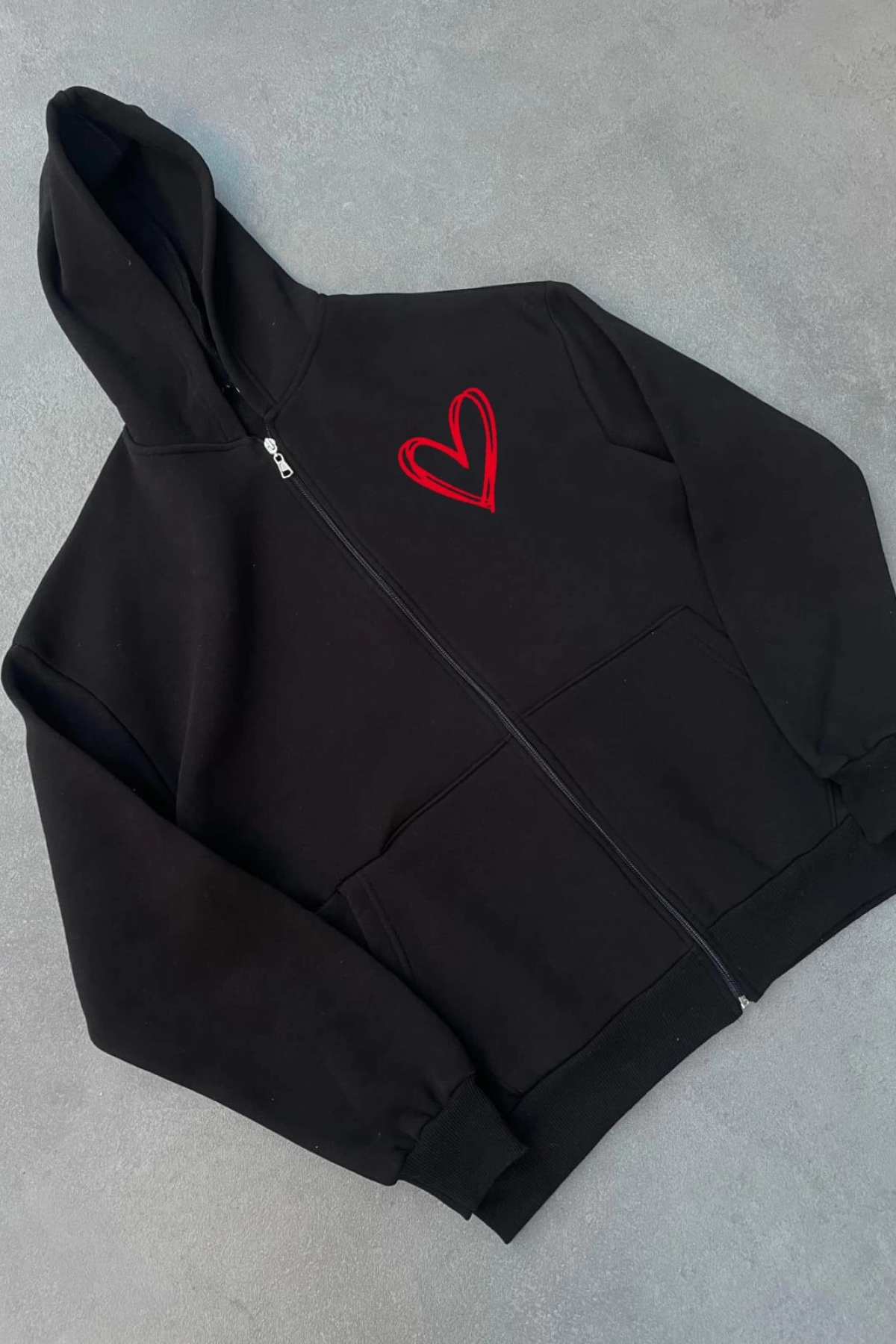 Velmora  Üç İplik Baskılı Fermuarlı Kapüşonlu Hırka - Siyah -