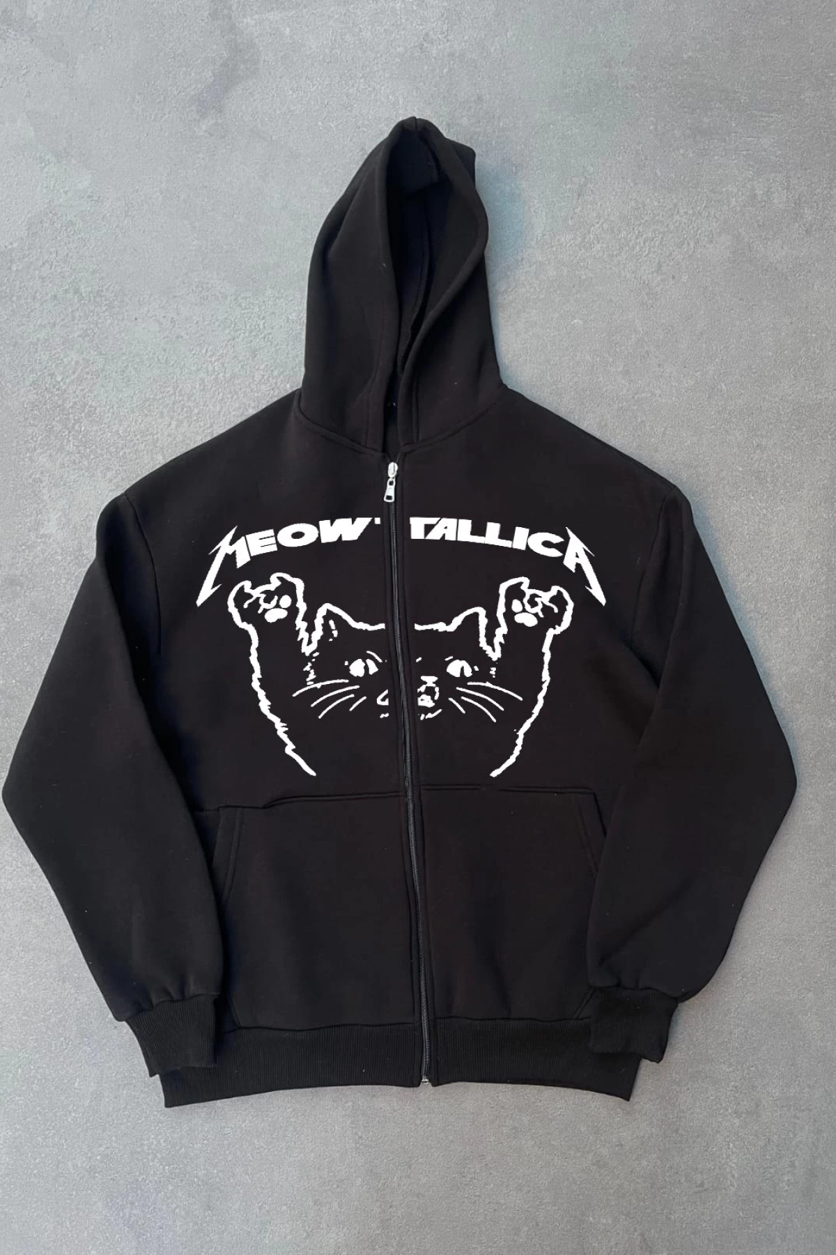 Kışlık Baskılı Fermuarlı Kapüşonlu Hırka - Siyah