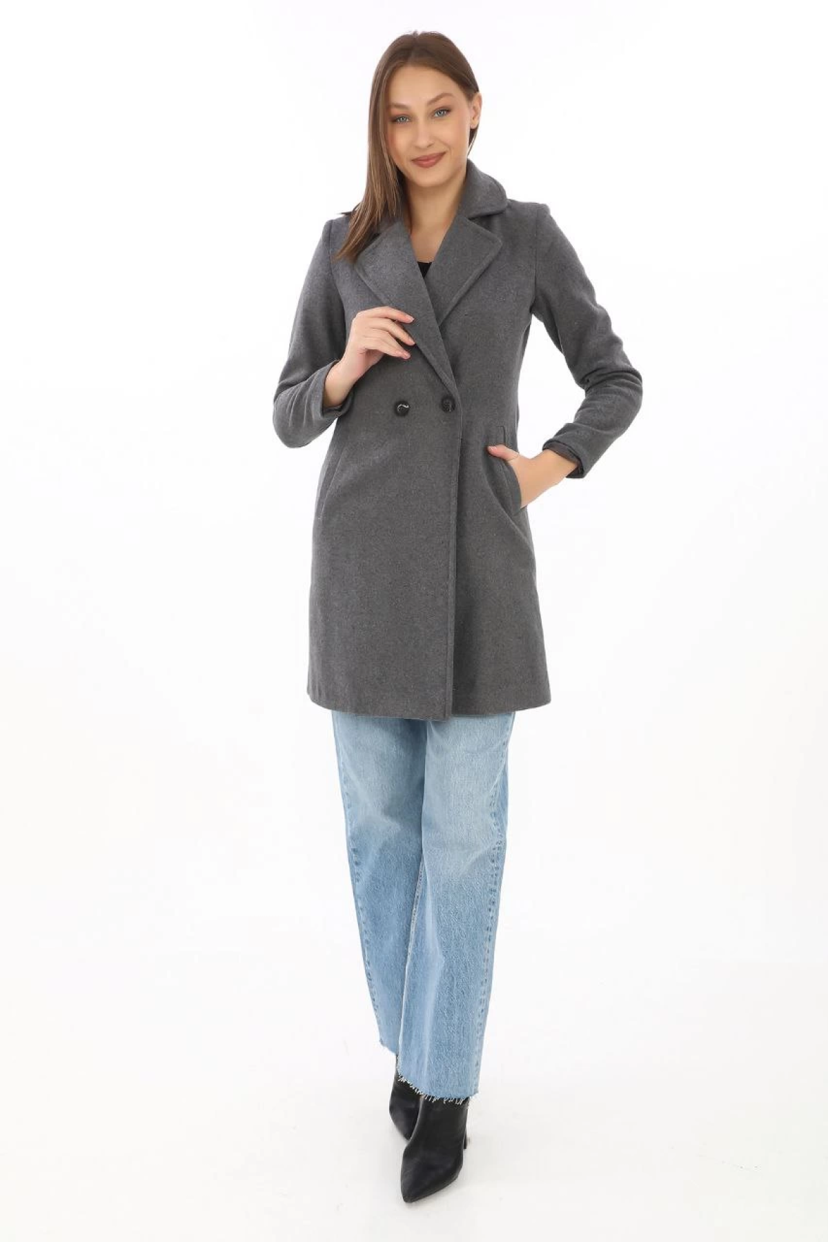 Düğmeli İçi Astarlı Velmora Premium Kaşmir Kaşe Kaban - Füme