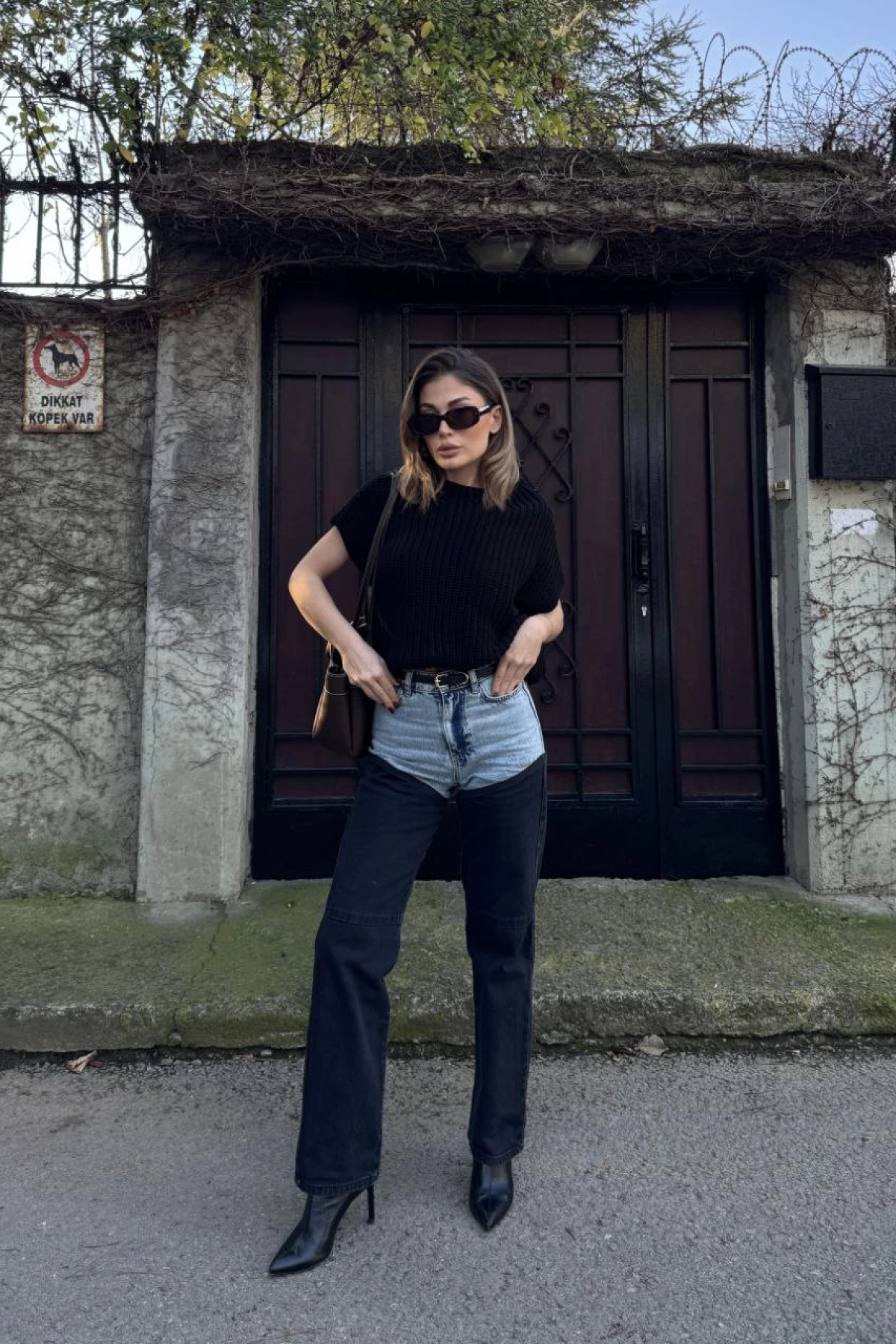 Velmora    Jeans Kot Parçalı Palazzo Pantolon - Siyah -