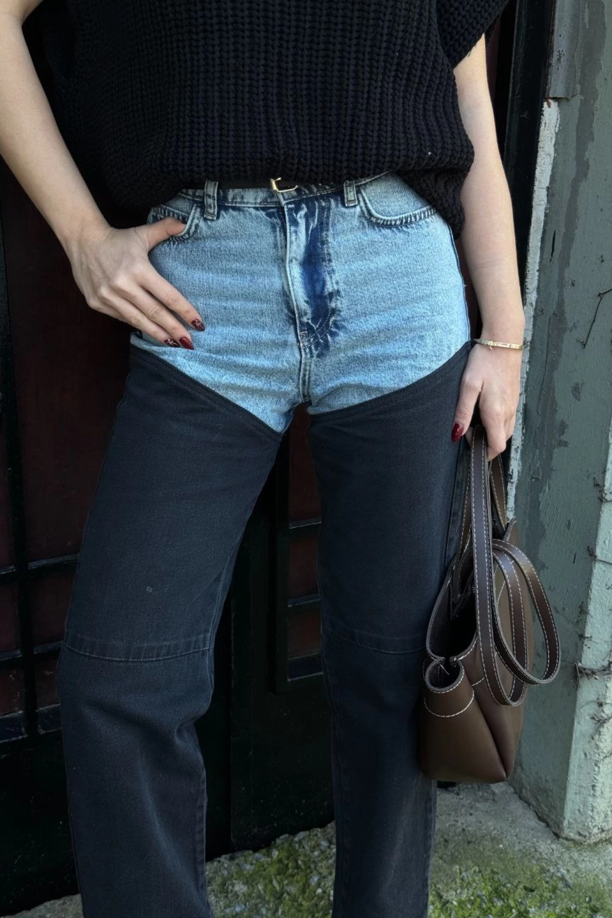 Velmora    Jeans Kot Parçalı Palazzo Pantolon - Siyah -