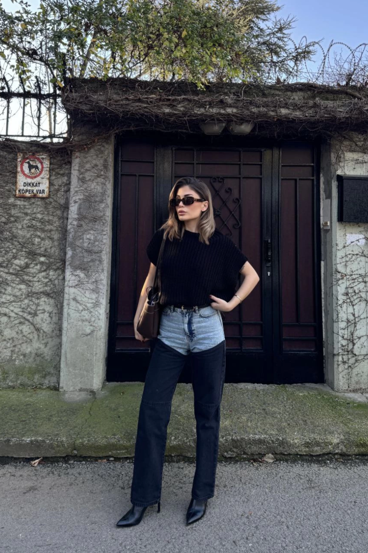 Velmora    Jeans Kot Parçalı Palazzo Pantolon - Siyah -