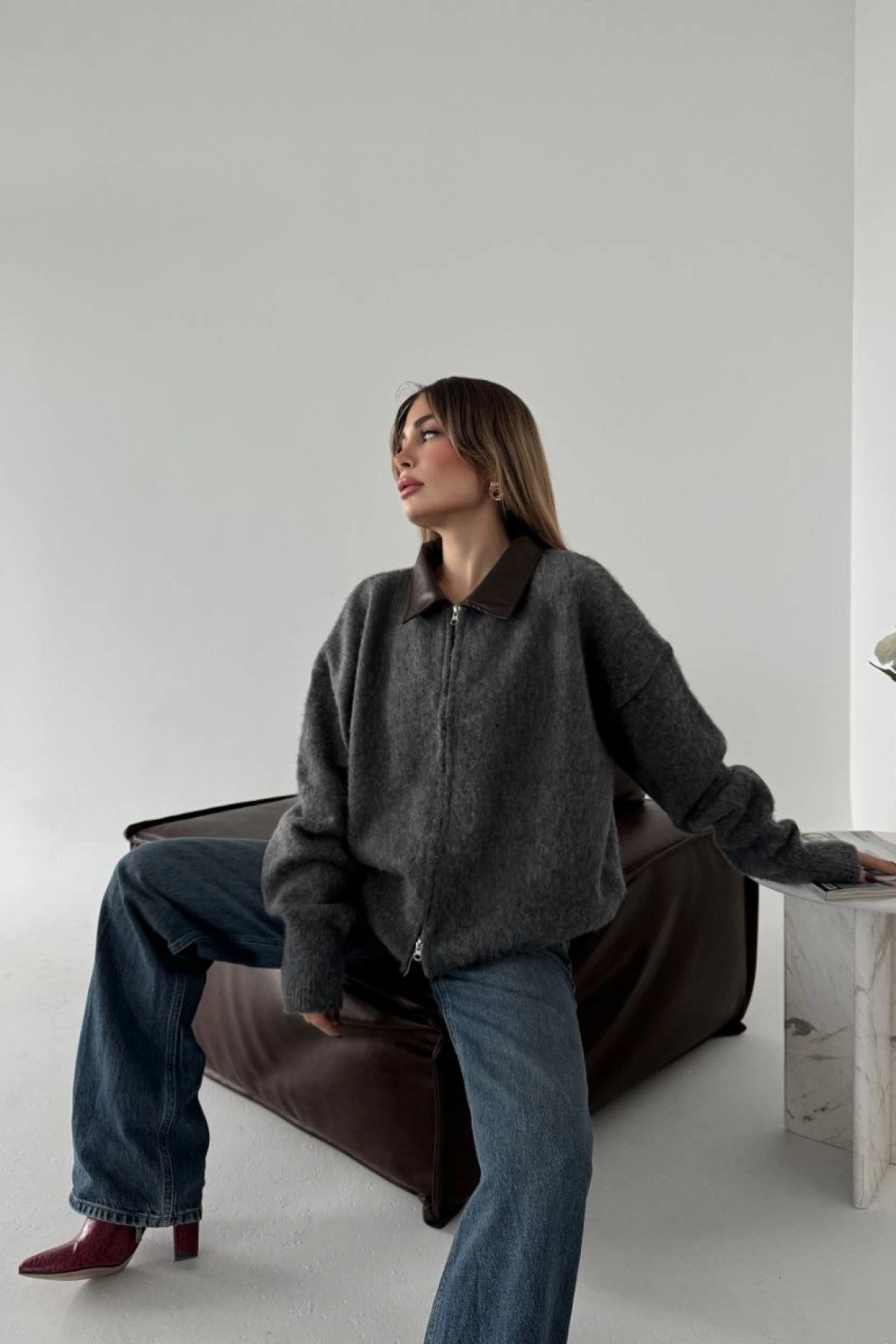 Velmora  Deri Yakalı Pamuk dokulu Çift Taraflı Çalışan Fermuar Ceket - Füme -