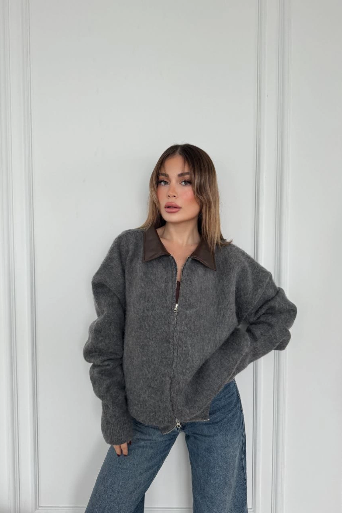 Velmora  Deri Yakalı Pamuk dokulu Çift Taraflı Çalışan Fermuar Ceket - Füme -