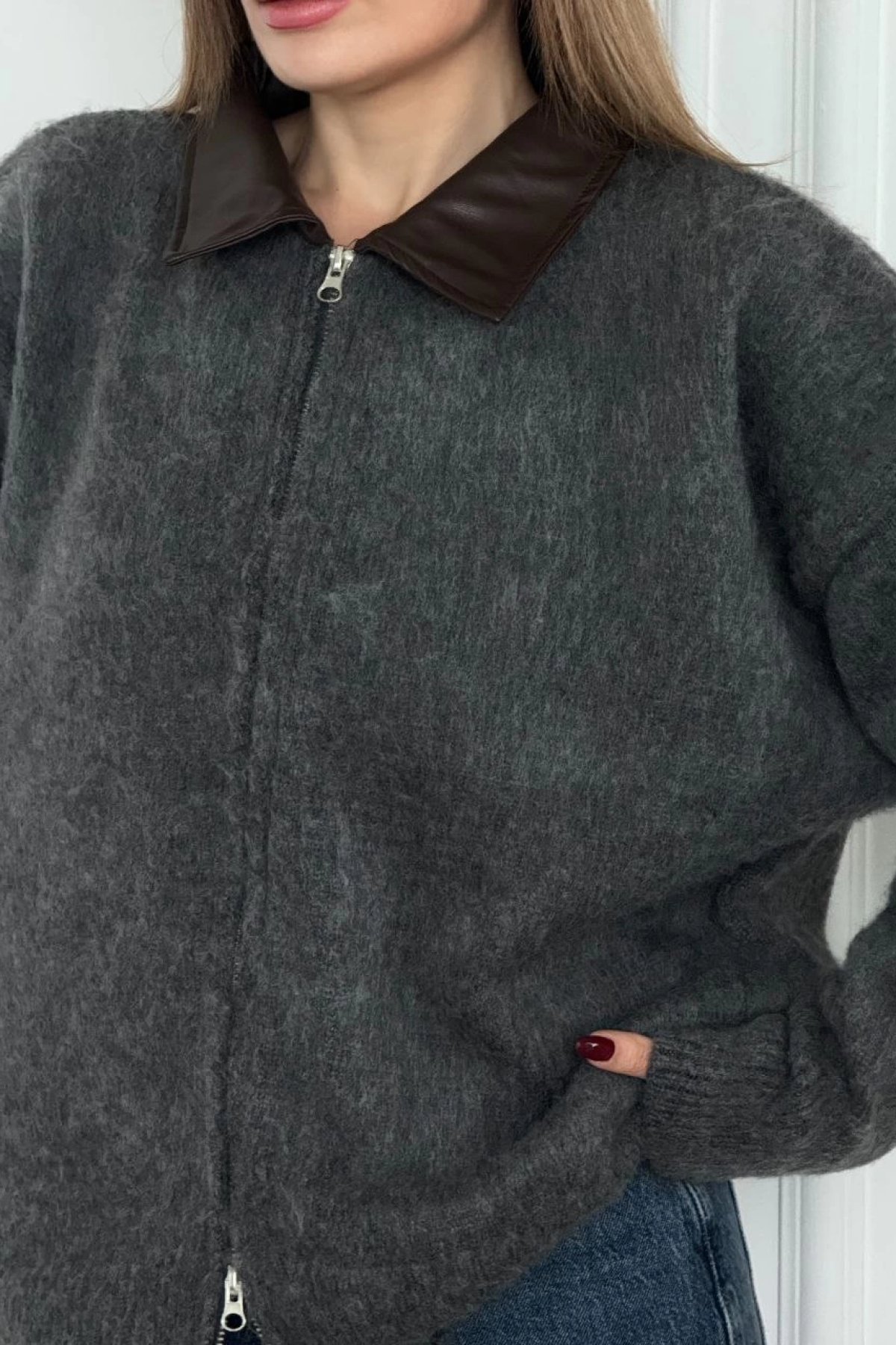 Velmora  Deri Yakalı Pamuk dokulu Çift Taraflı Çalışan Fermuar Ceket - Füme -