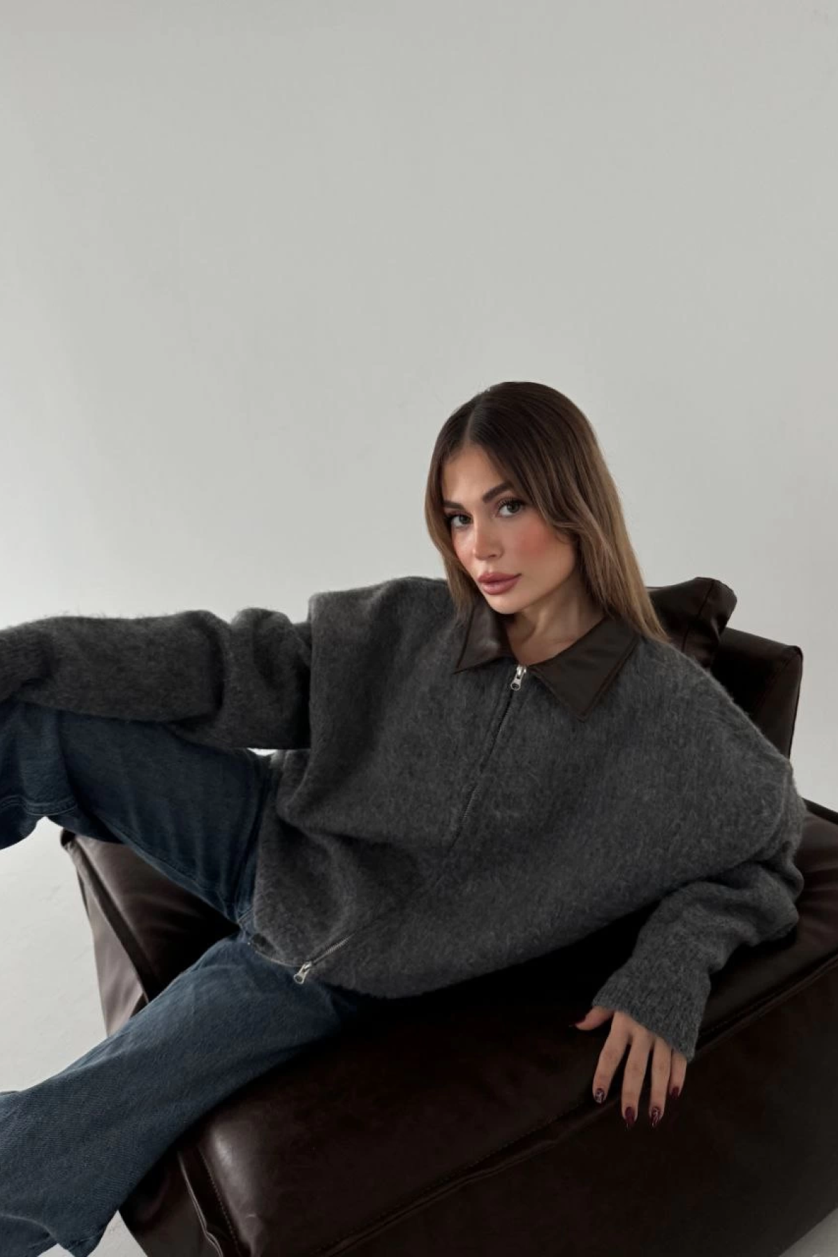 Velmora  Deri Yakalı Pamuk dokulu Çift Taraflı Çalışan Fermuar Ceket - Füme -