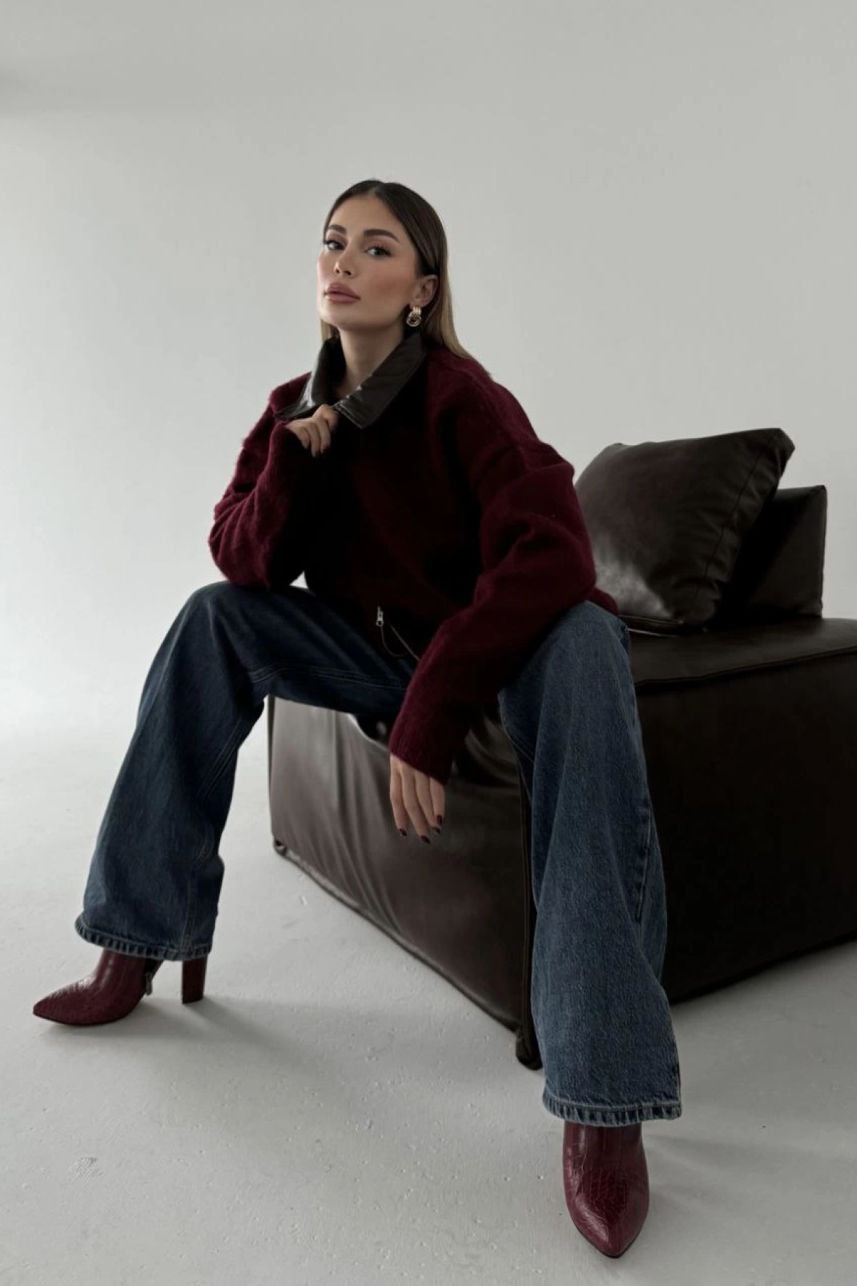 Velmora  Deri Yakalı Pamuk dokulu Çift Taraflı Çalışan Fermuar Ceket - Bordo -