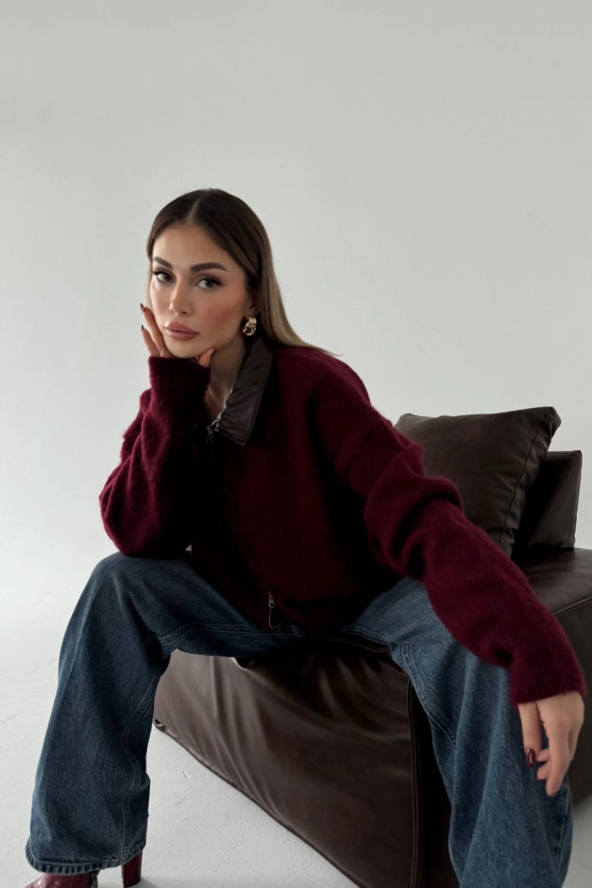 Velmora  Deri Yakalı Pamuk dokulu Çift Taraflı Çalışan Fermuar Ceket - Bordo -