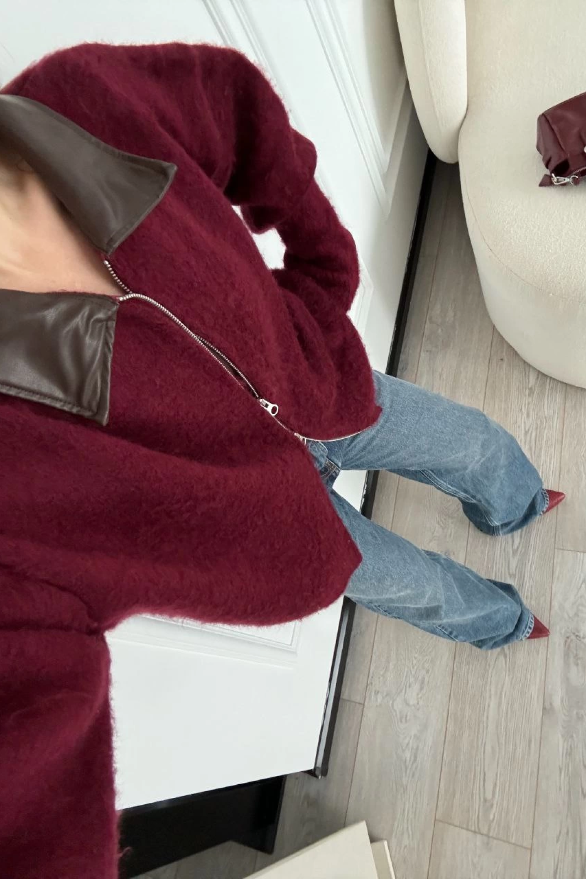 Velmora  Deri Yakalı Pamuk dokulu Çift Taraflı Çalışan Fermuar Ceket - Bordo -