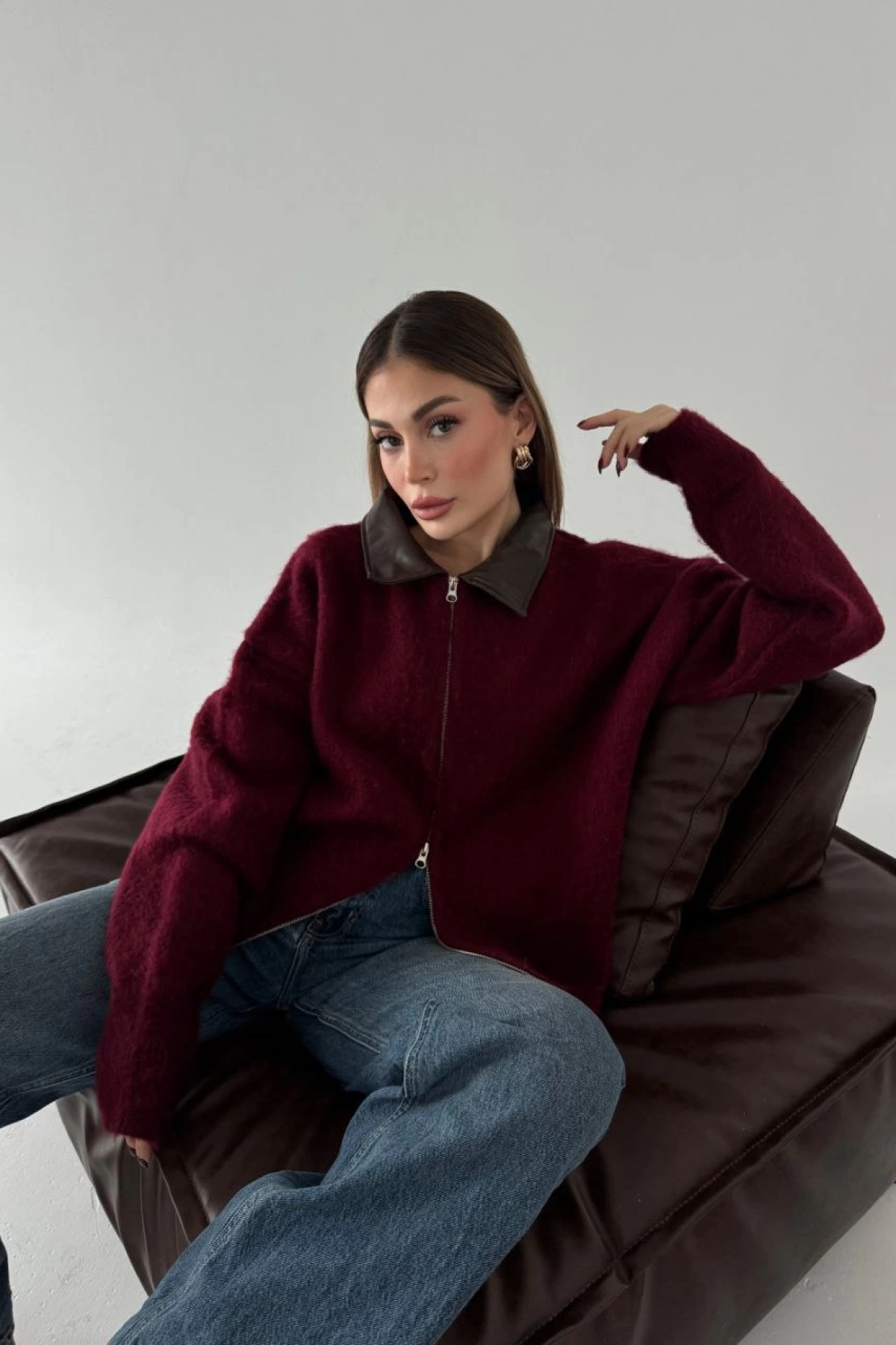 Velmora  Deri Yakalı Pamuk dokulu Çift Taraflı Çalışan Fermuar Ceket - Bordo -