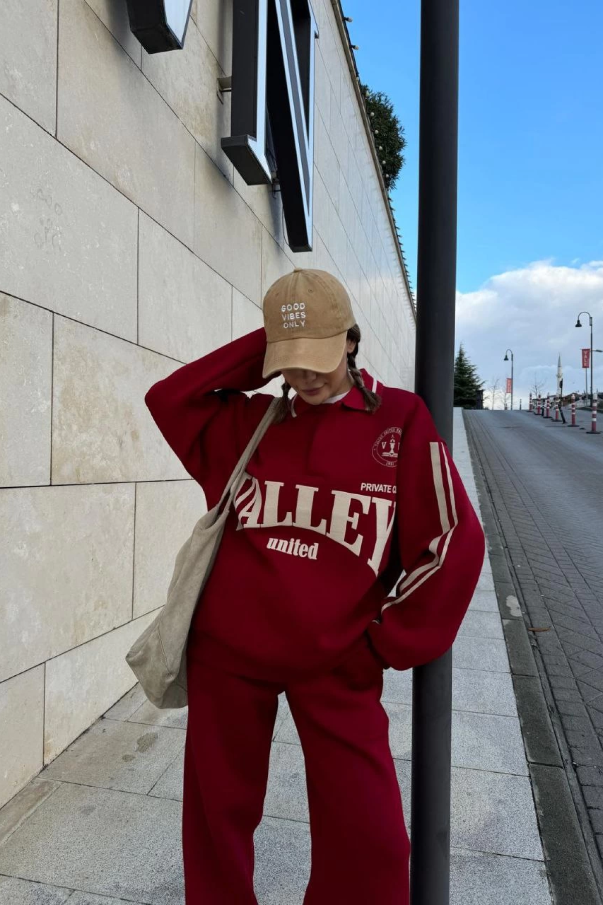 Kruzo Kadın Bordo Yakalı Sweat Baggy Pantolon Takım