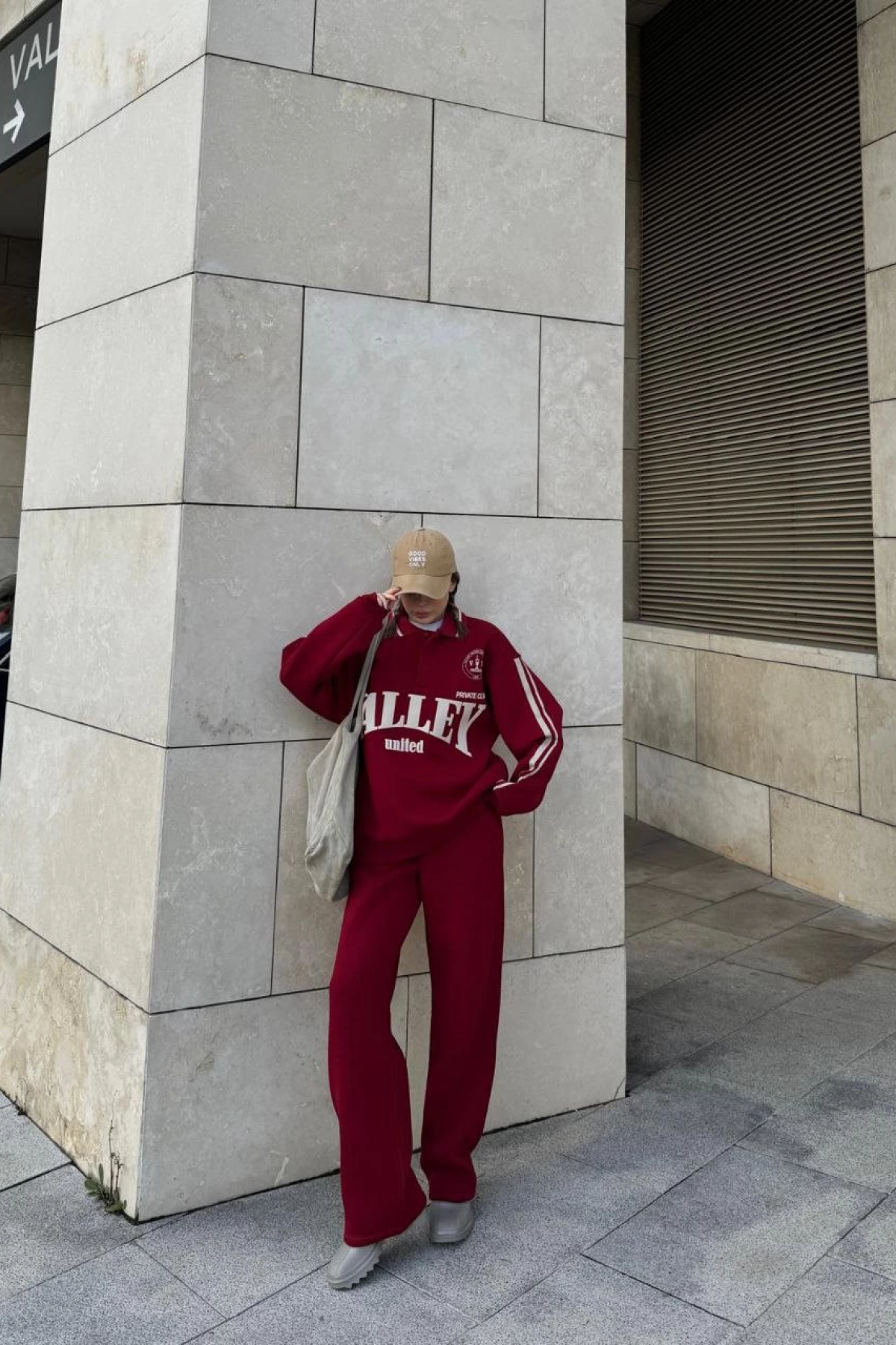 Kruzo Kadın Bordo Yakalı Sweat Baggy Pantolon Takım