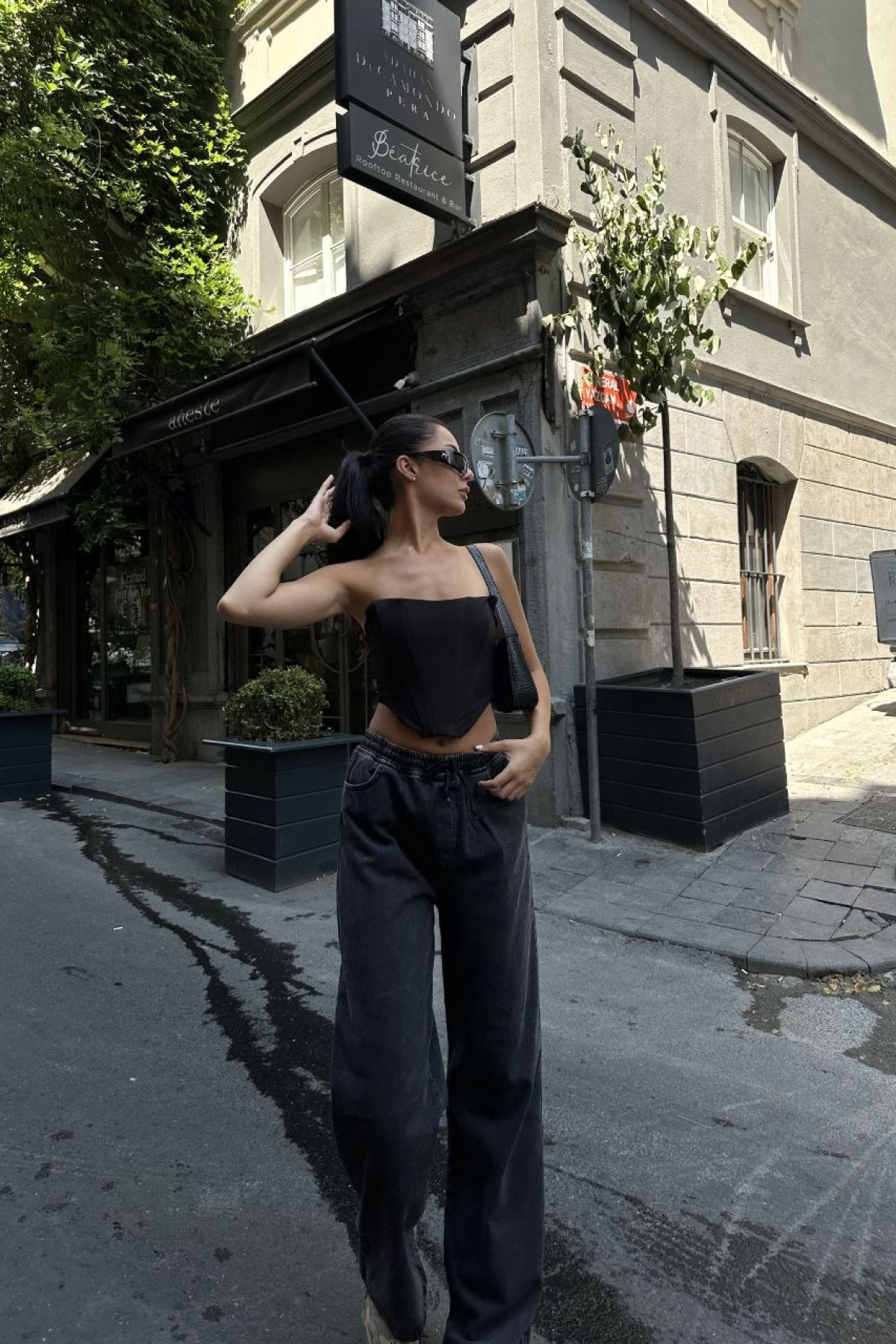 Velmora    Arkadan Yırtmaçlı Jeans Kot Palazzo Pantolon - Siyah -